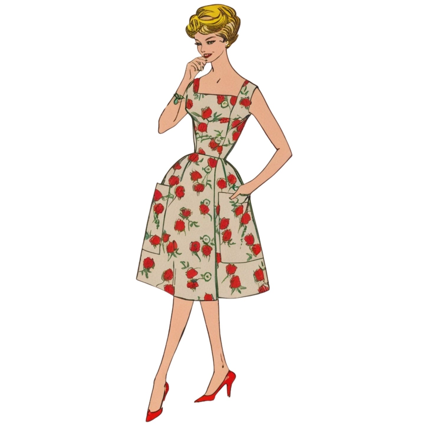 Illustration of a woman wearing a floral dress on a white background