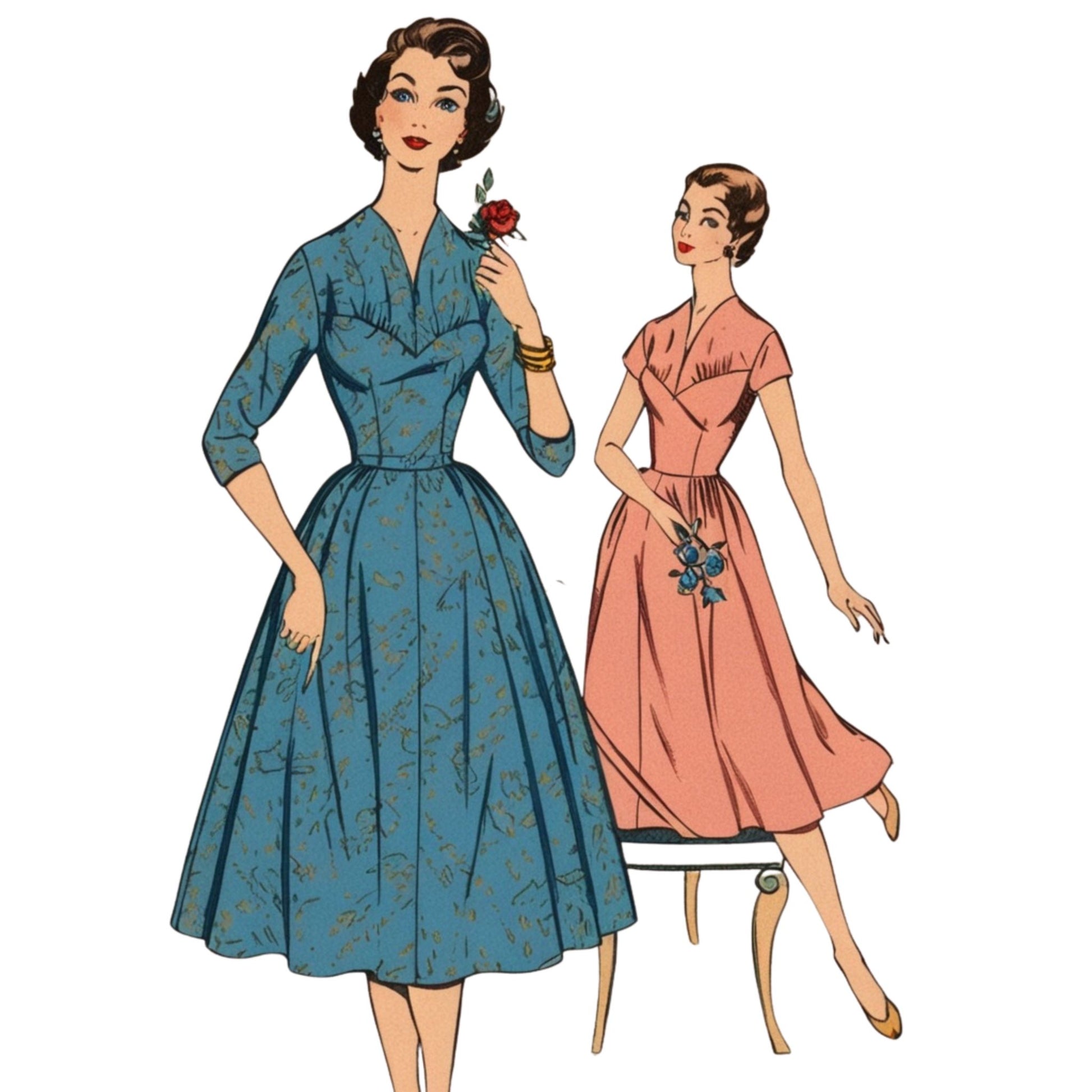 Illustration of two women wearing vintage dresses on a white background