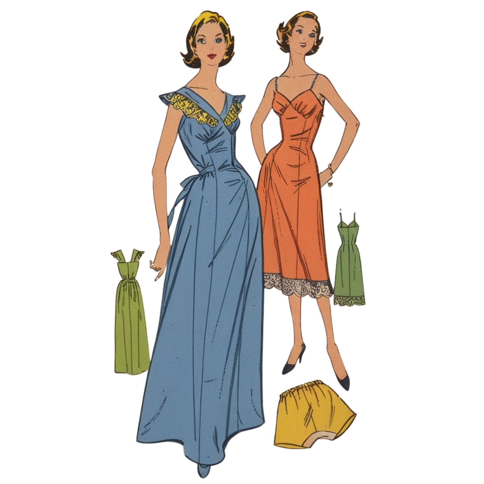 Vintage-style illustration of women wearing lingerie with matching accessories on a white background