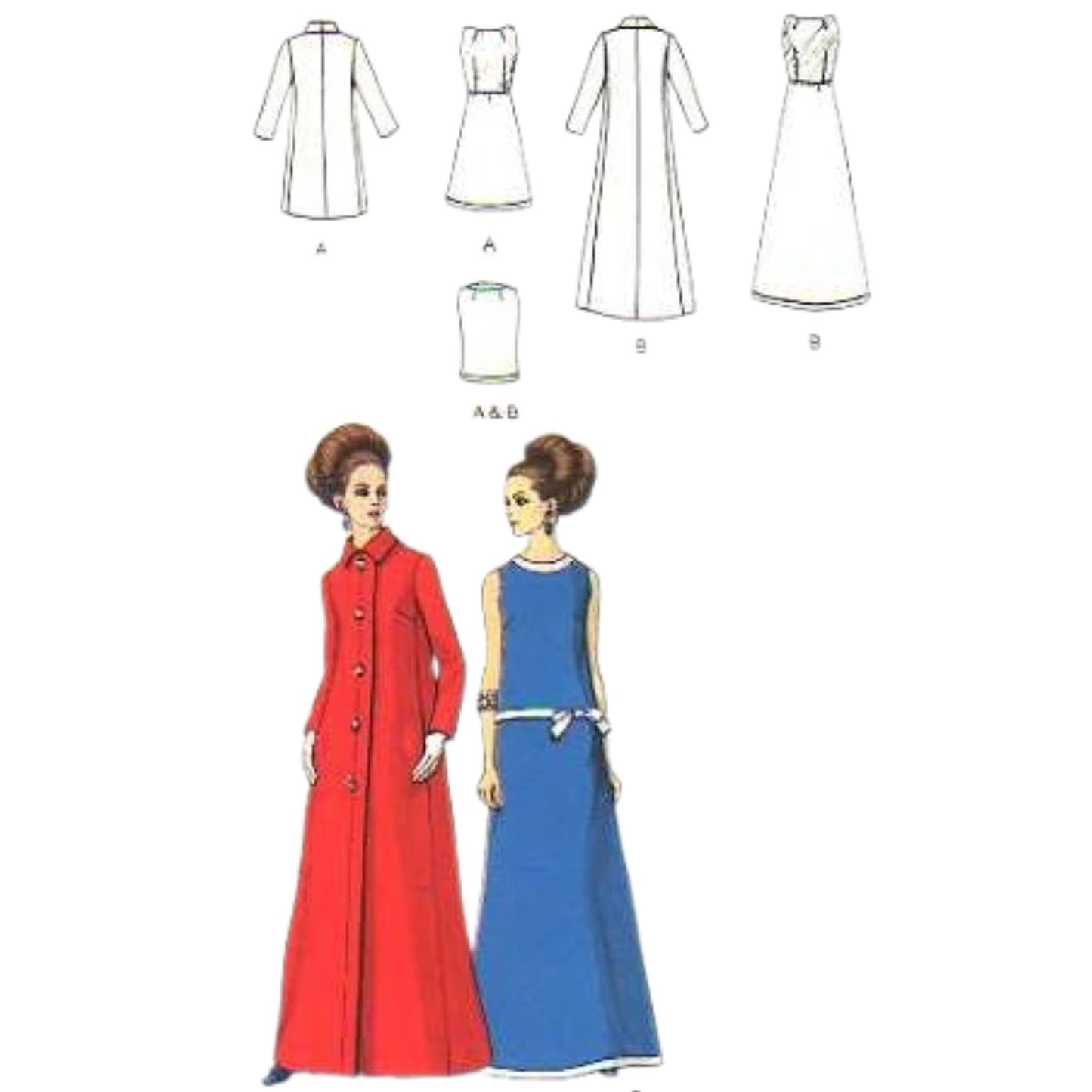 Illustrations of a red coat and blue dress with corresponding fashion diagrams on a white background.