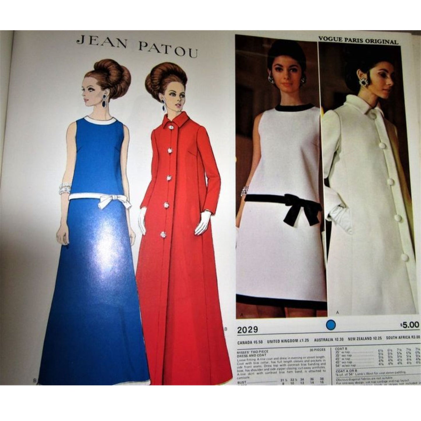 Vintage fashion advertisement featuring models in dresses and coats with 'Jean Patou' branding.