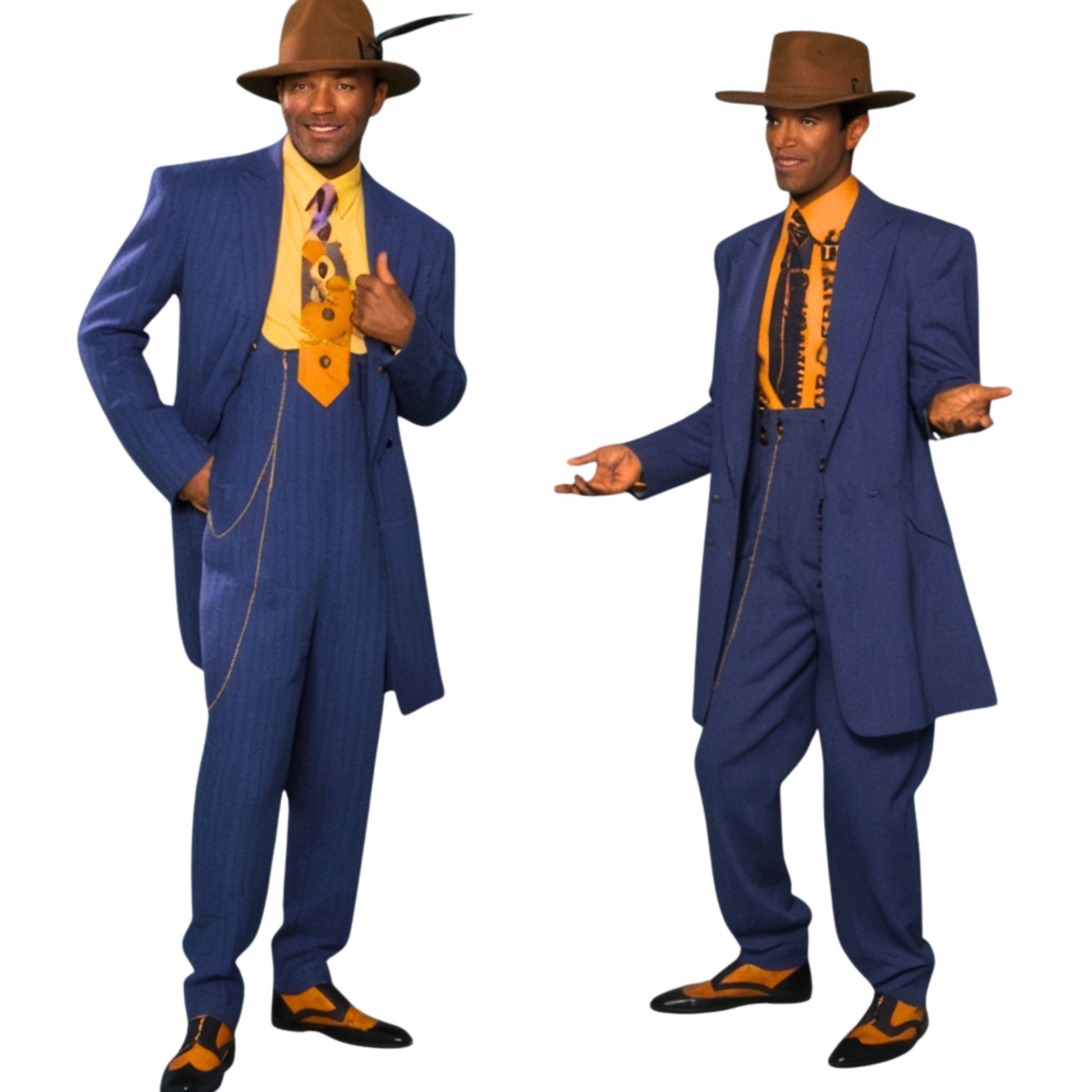 Two images of a man in a blue suit with an orange shirt and brown hat on a white background.