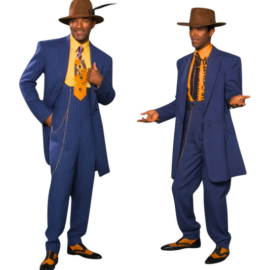 Two images of a man in a blue suit with an orange shirt and brown hat on a white background.