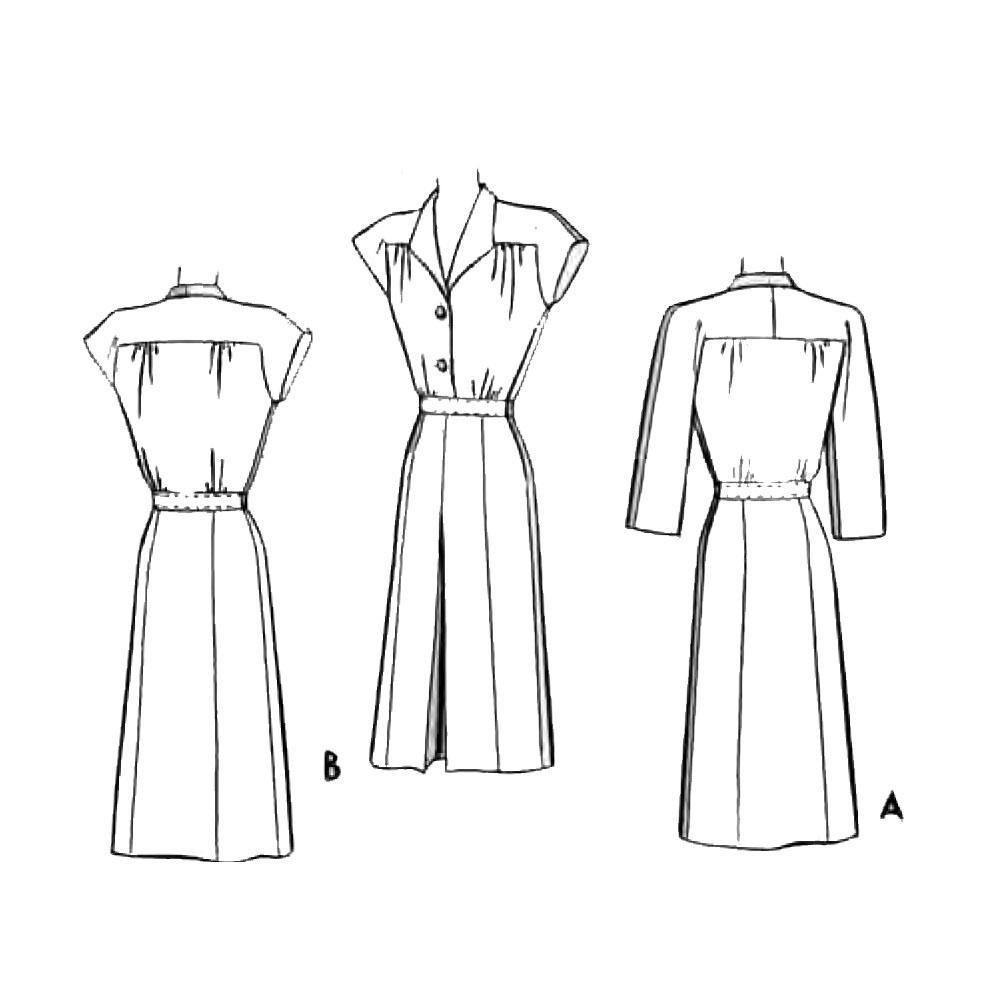 Line drawings of front and back views of a 1940s dress with long or short sleeves