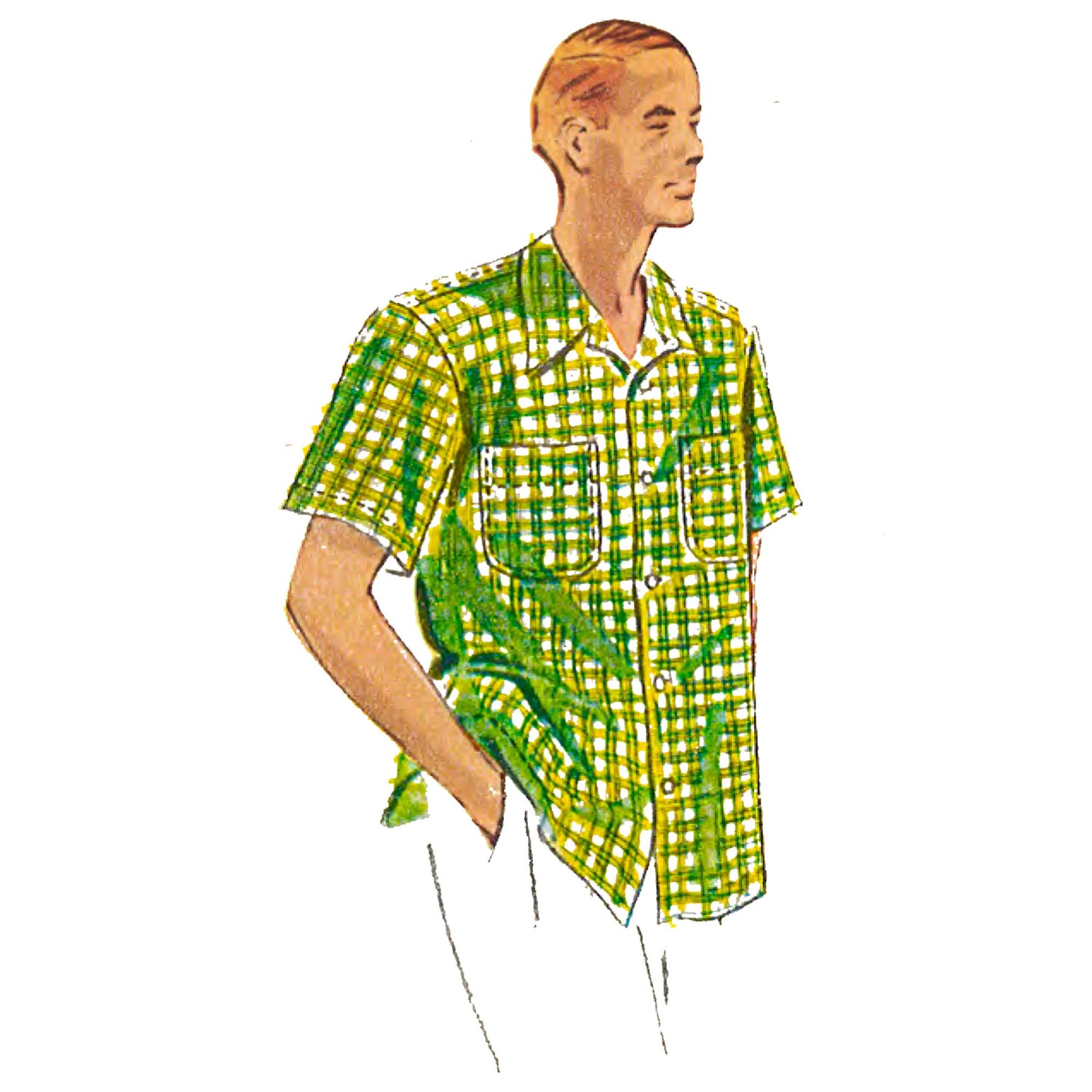 Man wearing shirt made from McCall's 7906 sewing pattern, front and back views.