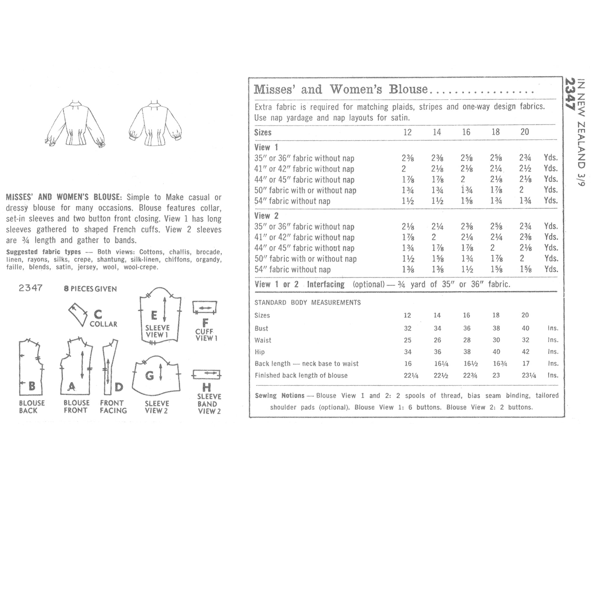 Pattern instruction sheet for a women's blouse with fabric requirements and measurements.