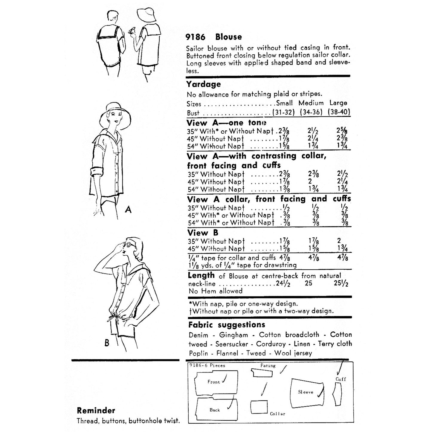 Vintage sewing pattern diagram for a blouse with measurements and fabric suggestions.