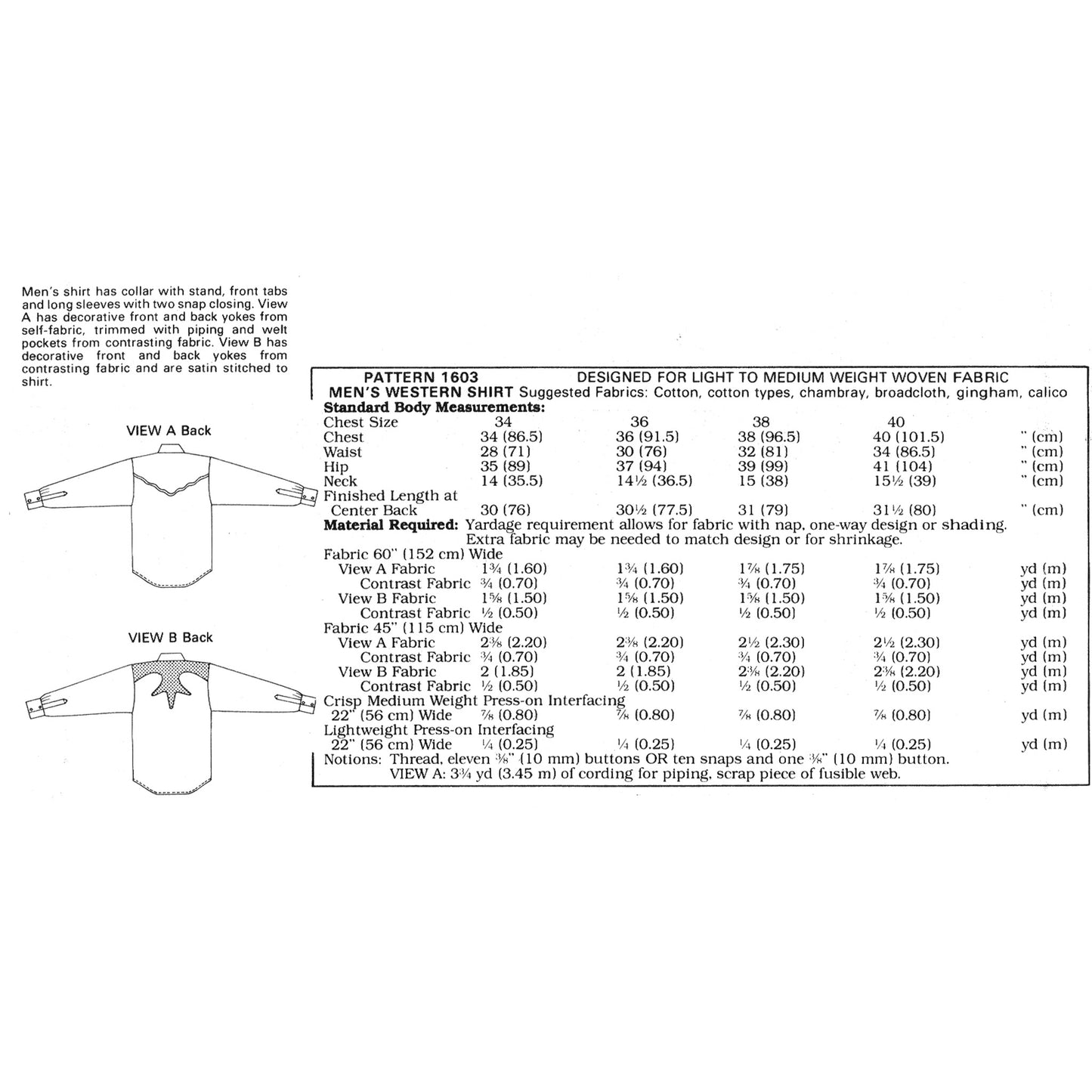 Technical drawing of a men's shirt pattern with measurements and fabric requirements.