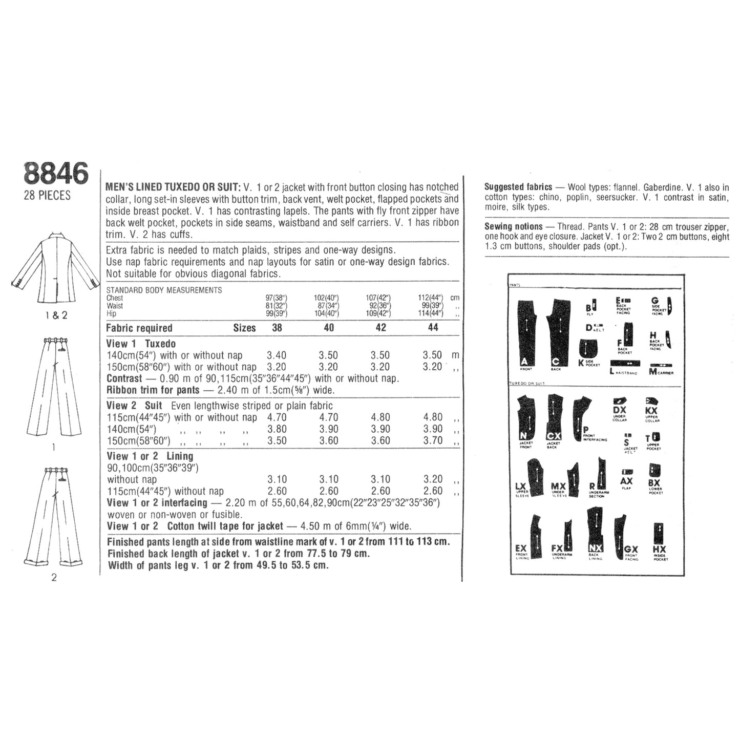Catalog page with men's lined tuxedo suit details and fabric requirements on a white background.