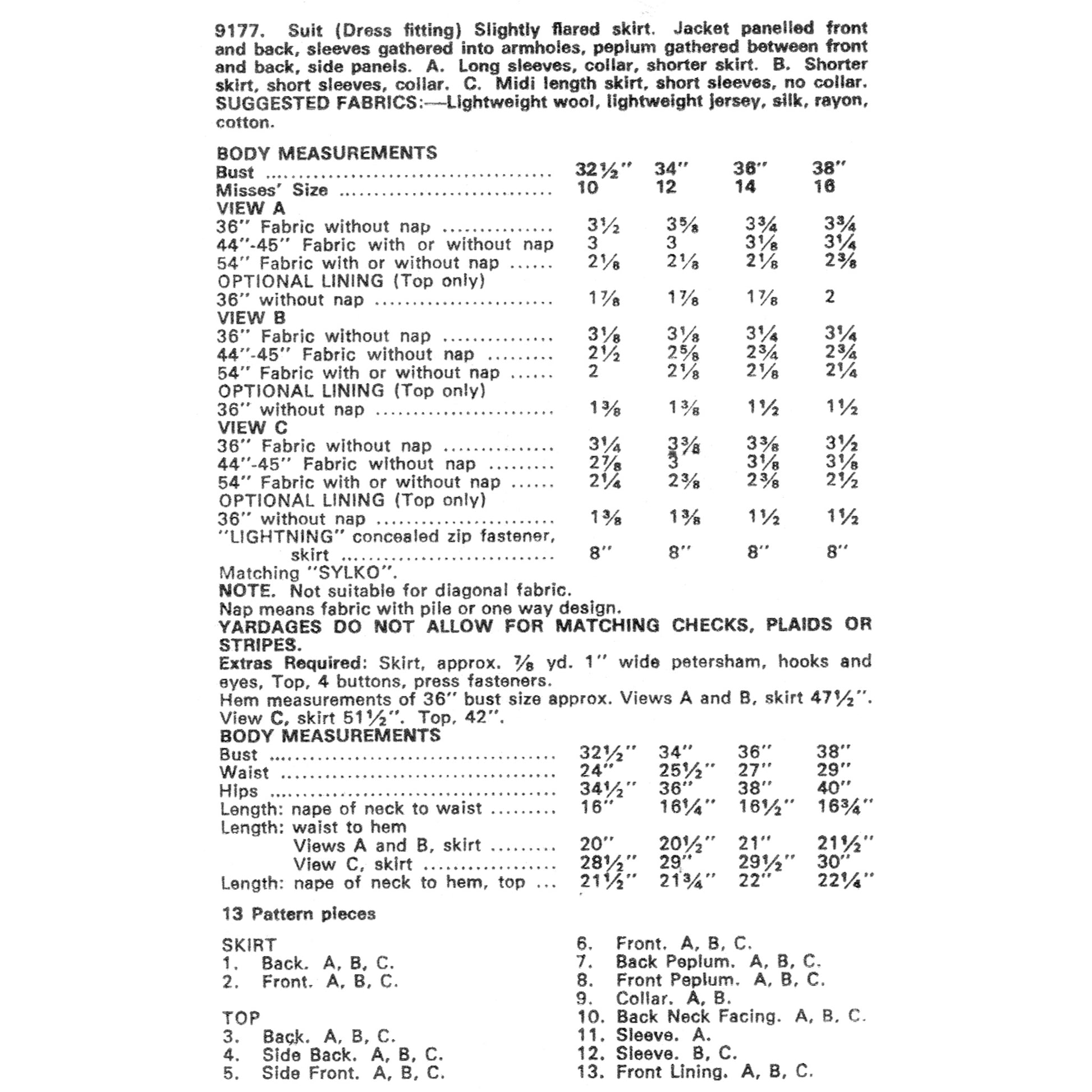 Text document with pattern-making instructions and measurements for a garment