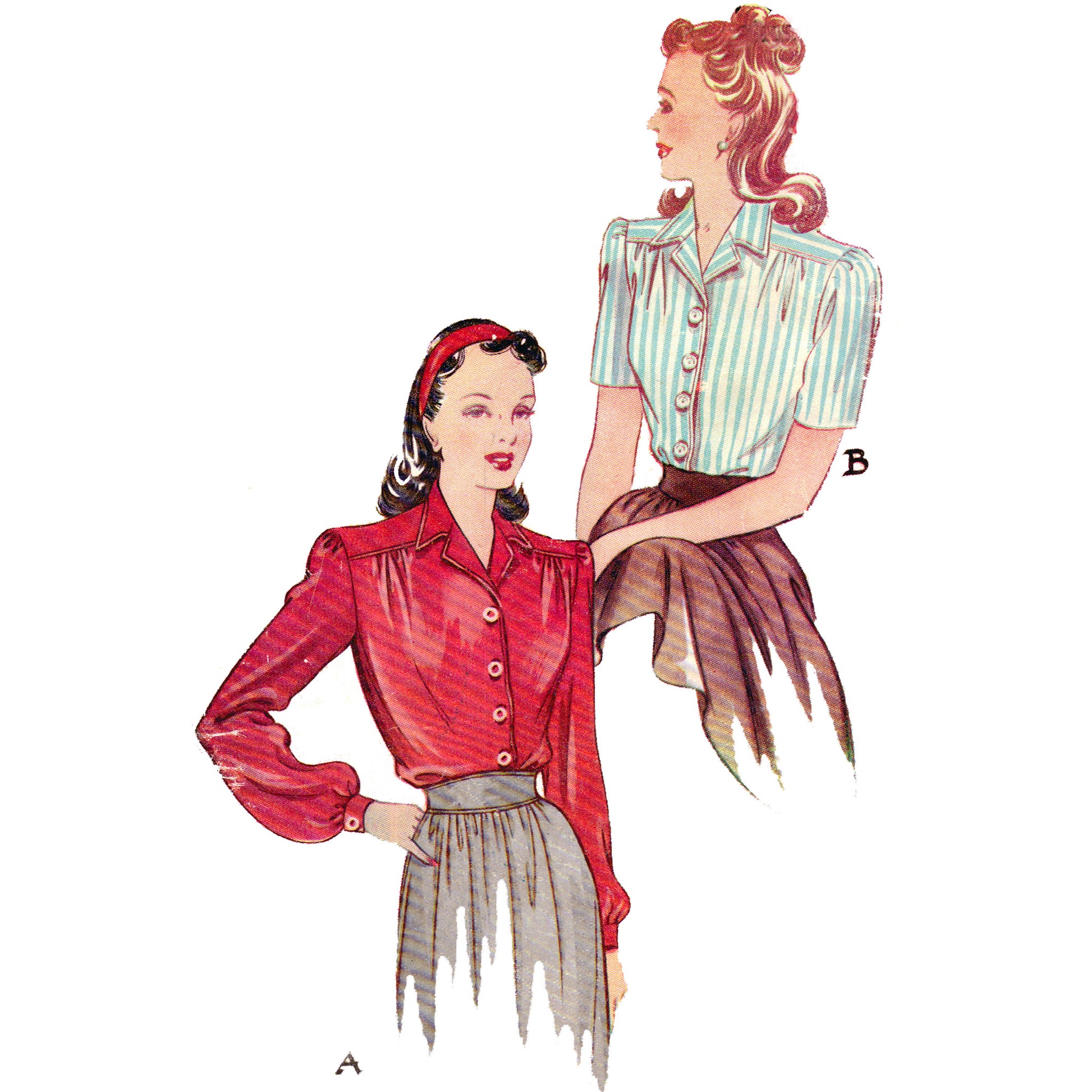 Illustration of two women wearing vintage-style blouses and skirts on a white background