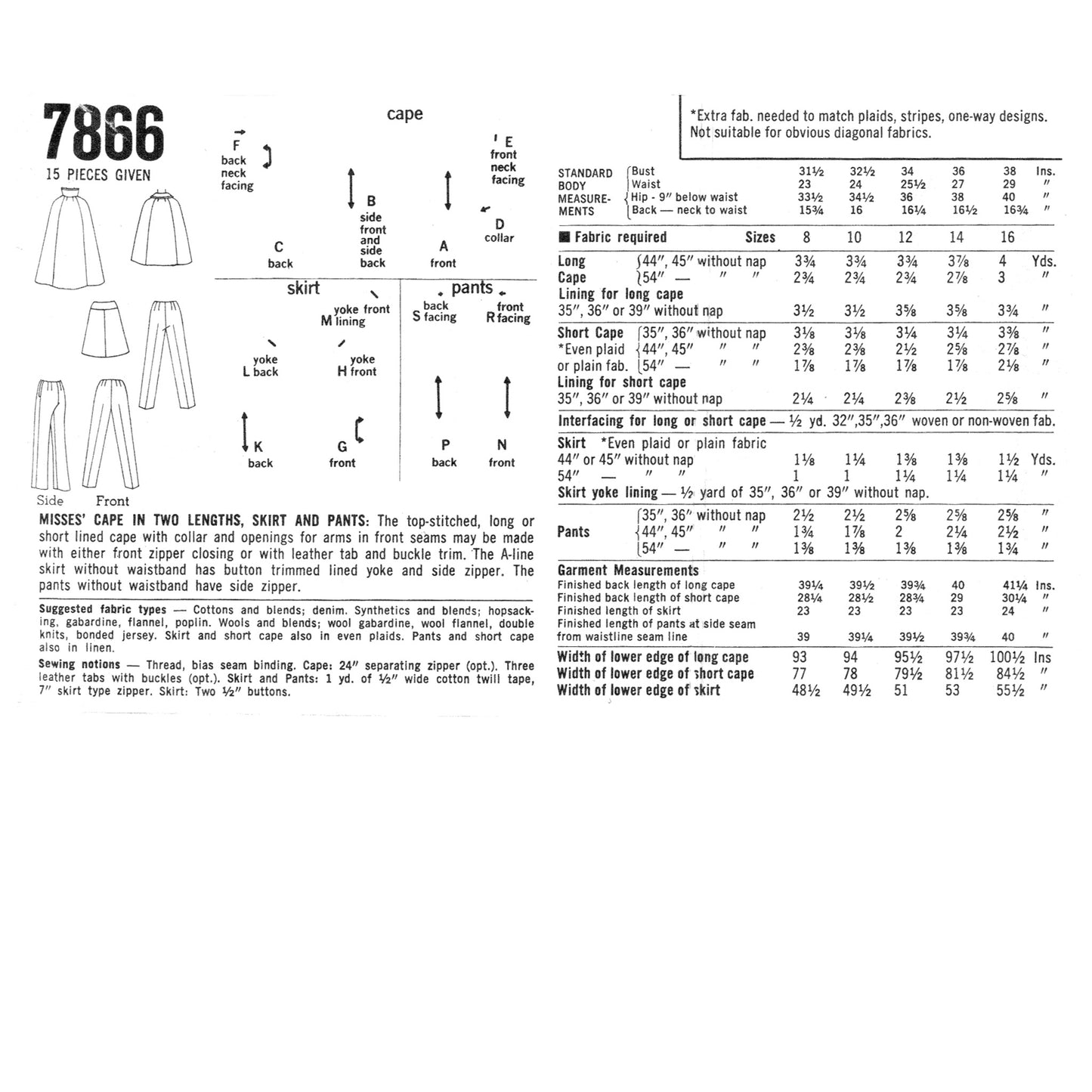 Vintage sewing pattern diagram for a cape with measurements and fabric requirements.