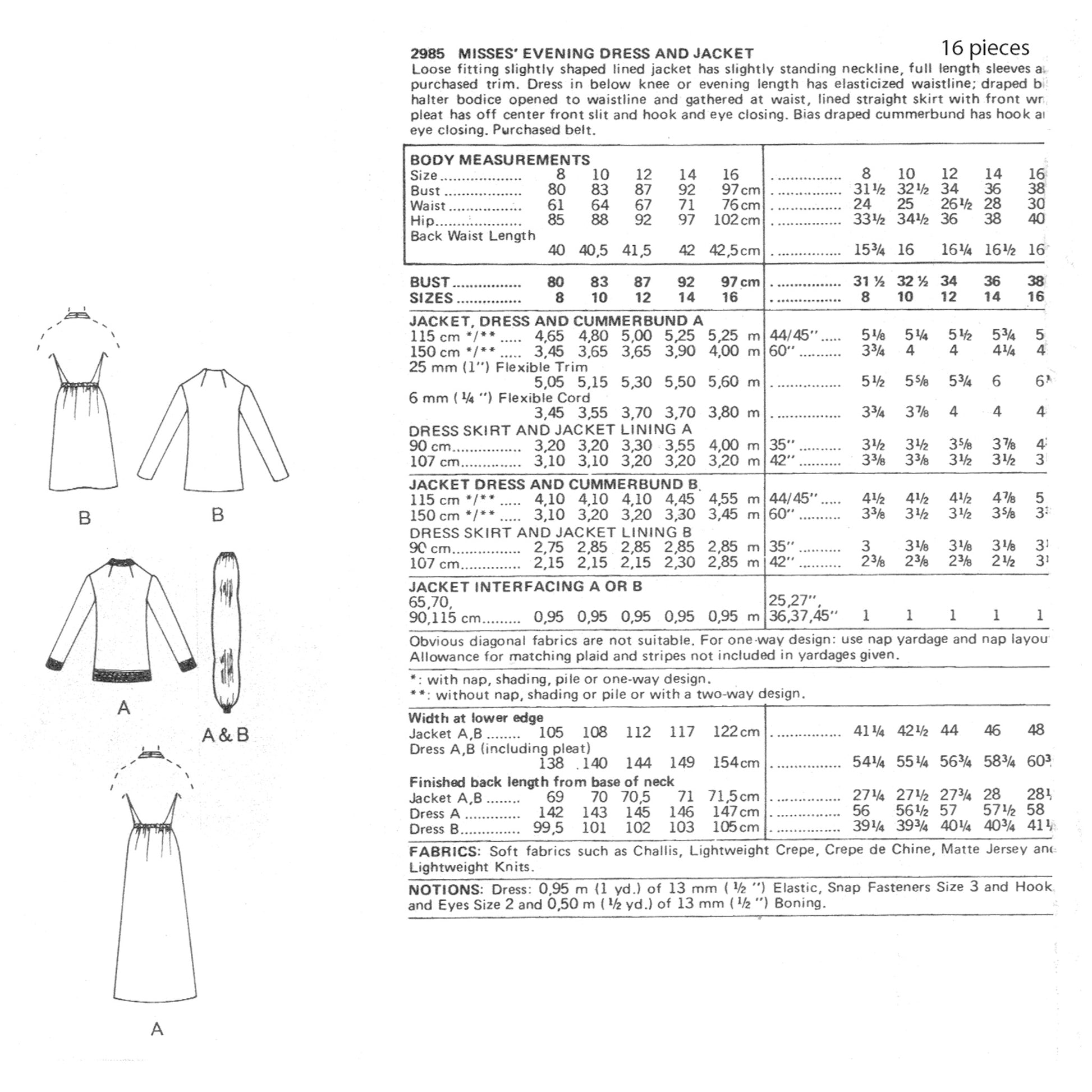 Measurement chart for evening dress and jacket with illustrations of garment parts.