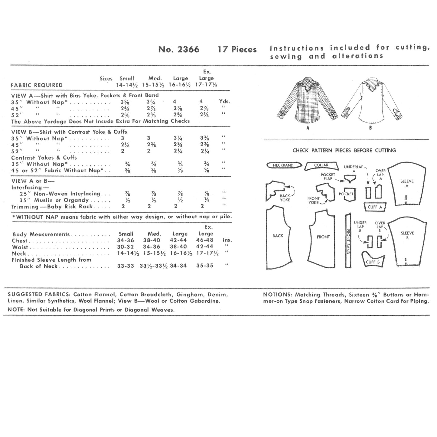 Vintage sewing pattern instruction sheet for a shirt with fabric requirements, measurements, and diagram of pattern pieces.