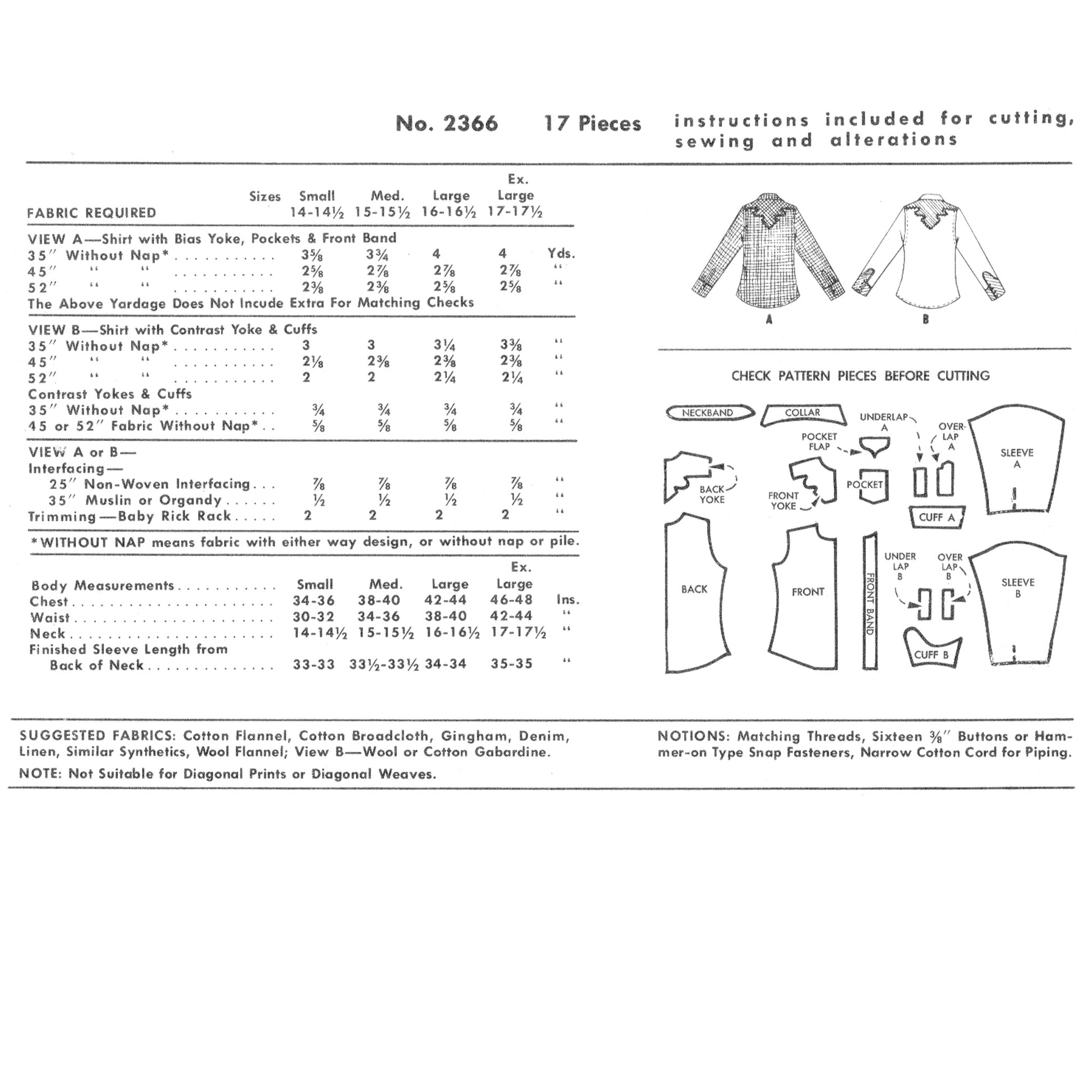 Vintage sewing pattern instruction sheet for a shirt with fabric requirements, measurements, and diagram of pattern pieces.