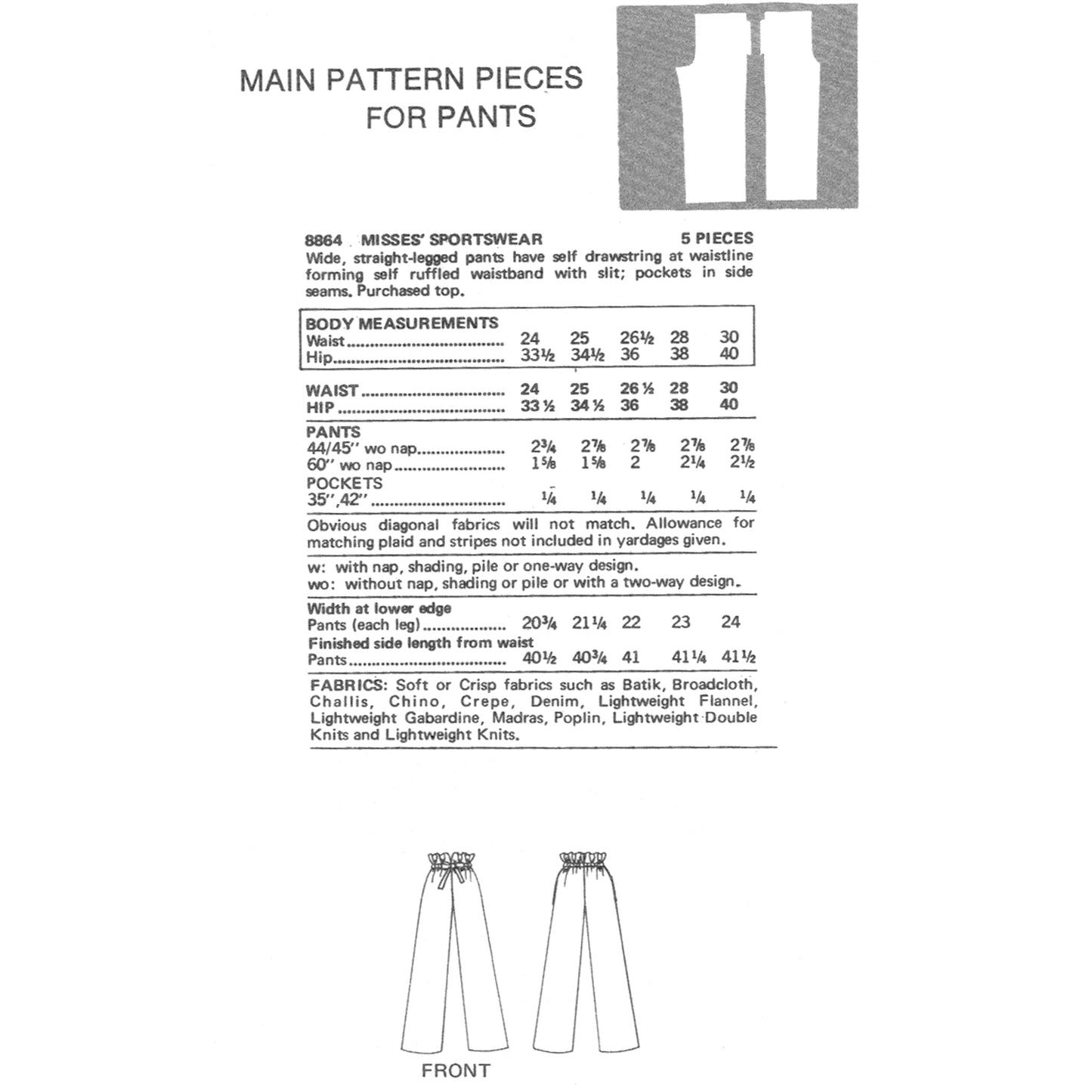 Pattern piece for men's sportswear pants with measurements and fabric information.