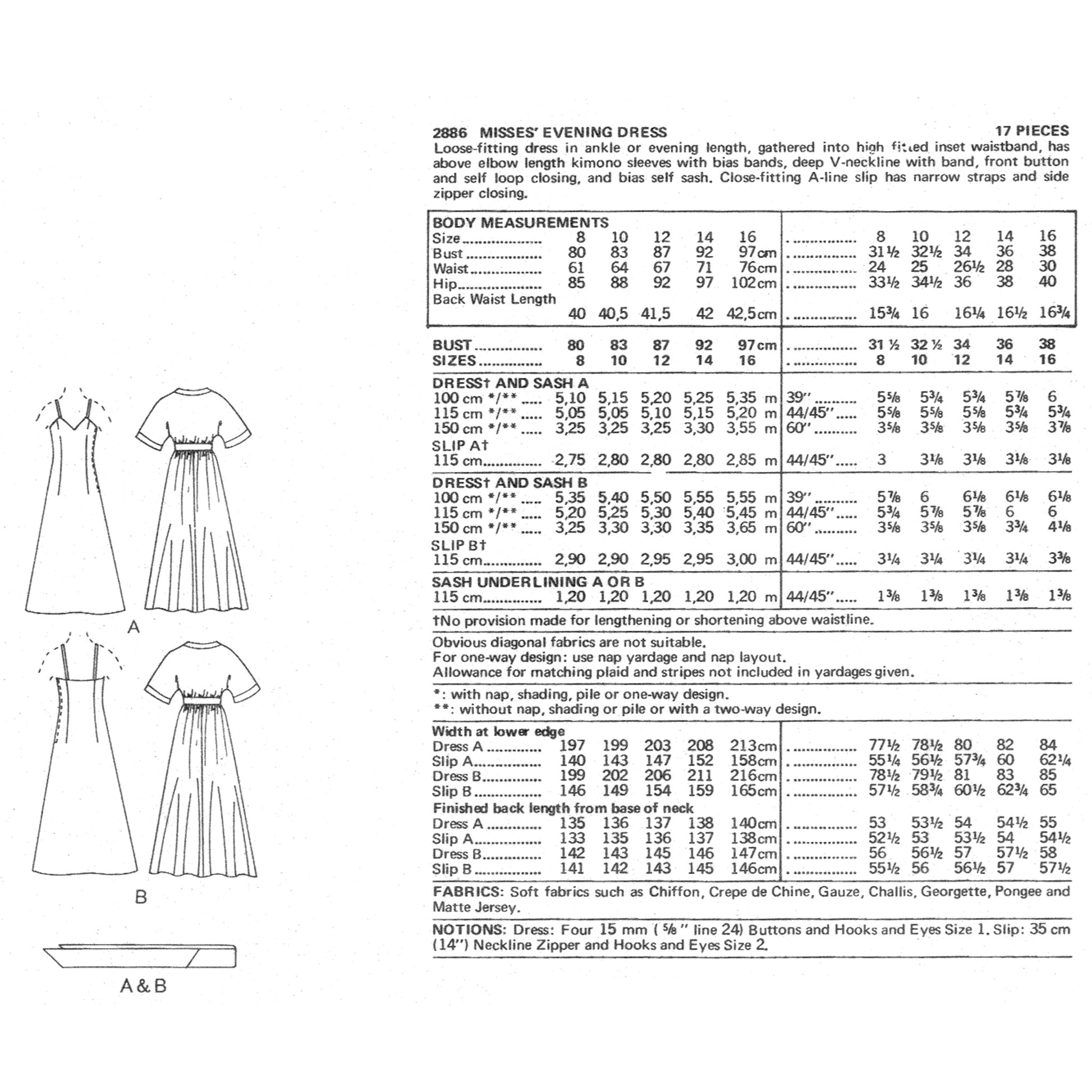 Pattern envelope for a misses' evening dress with measurements and fabric details.