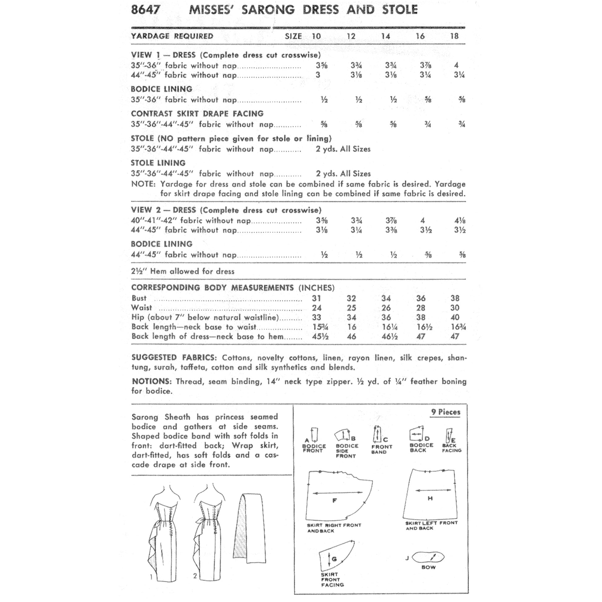 Vintage sewing pattern for a misses' sarong dress and stole with measurements and fabric requirements.