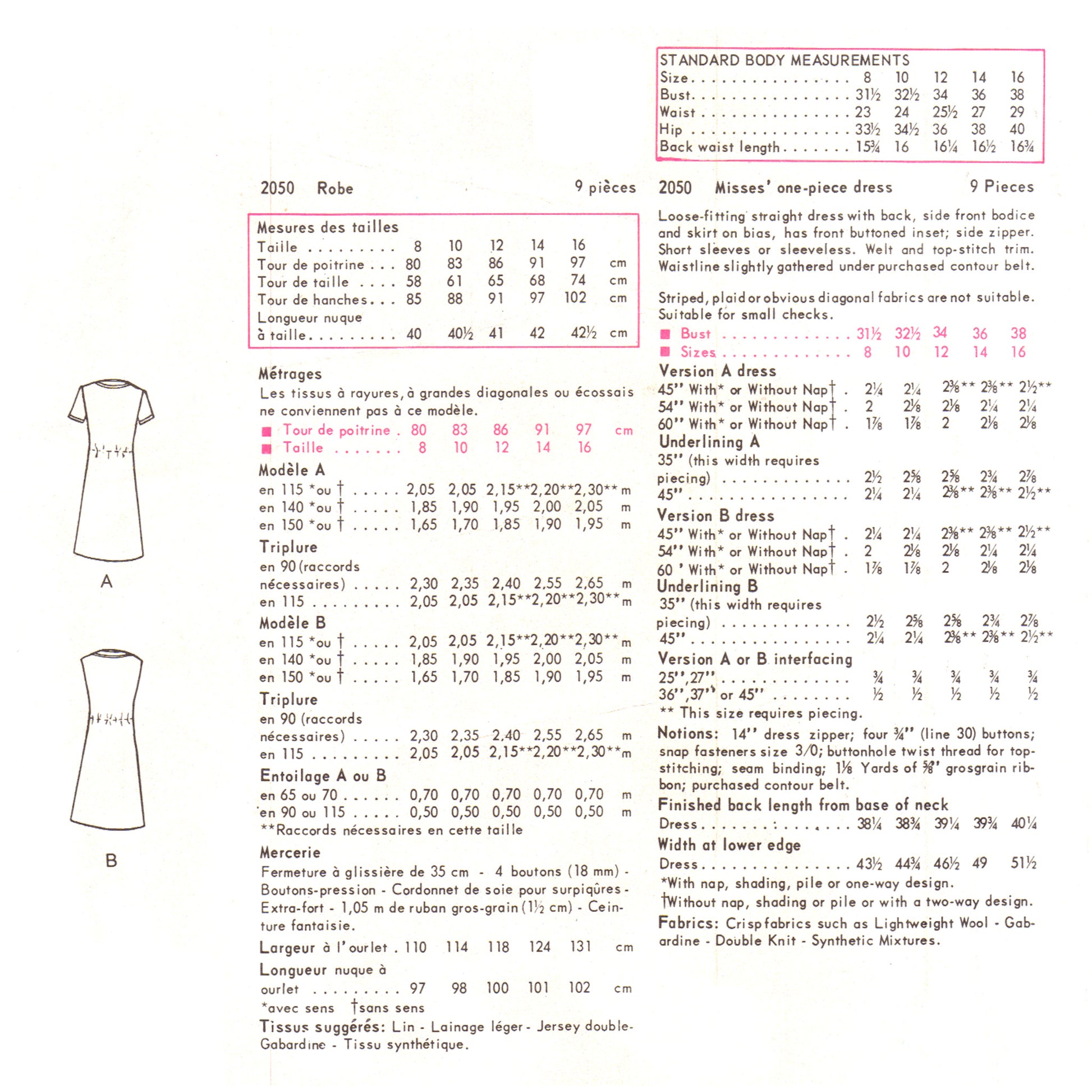Pattern chart for a dress with measurements and fabric requirements on a white background