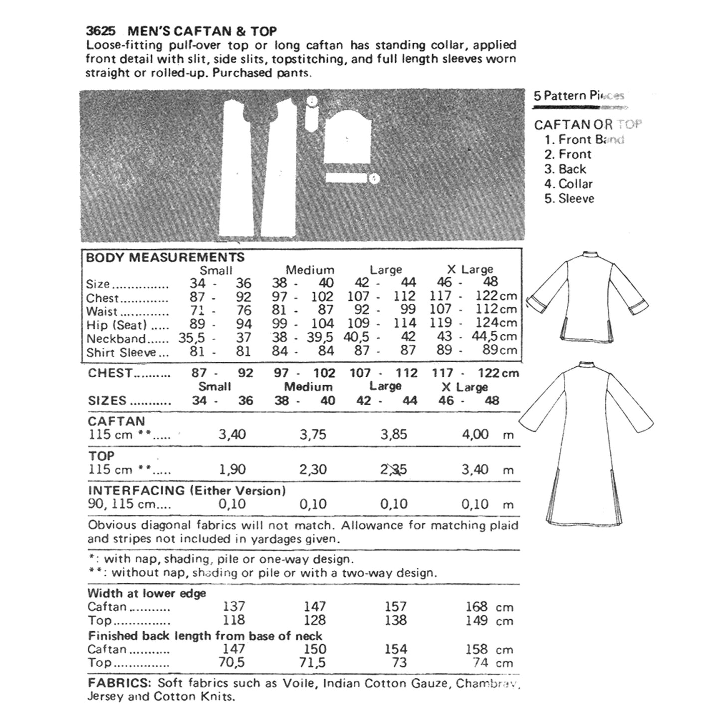 Vintage men's caftan pattern with measurements and fabric information on a white background