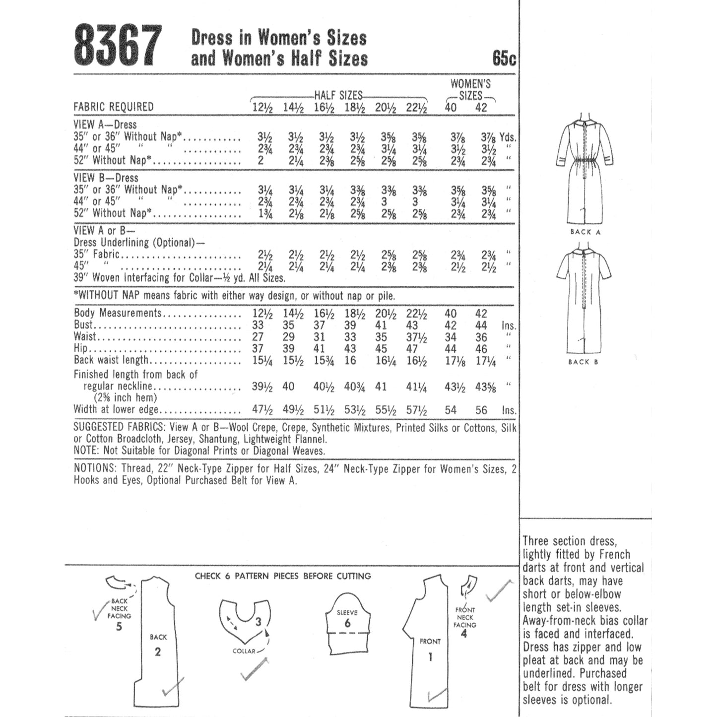 Vintage sewing pattern for a dress with measurements and fabric requirements.