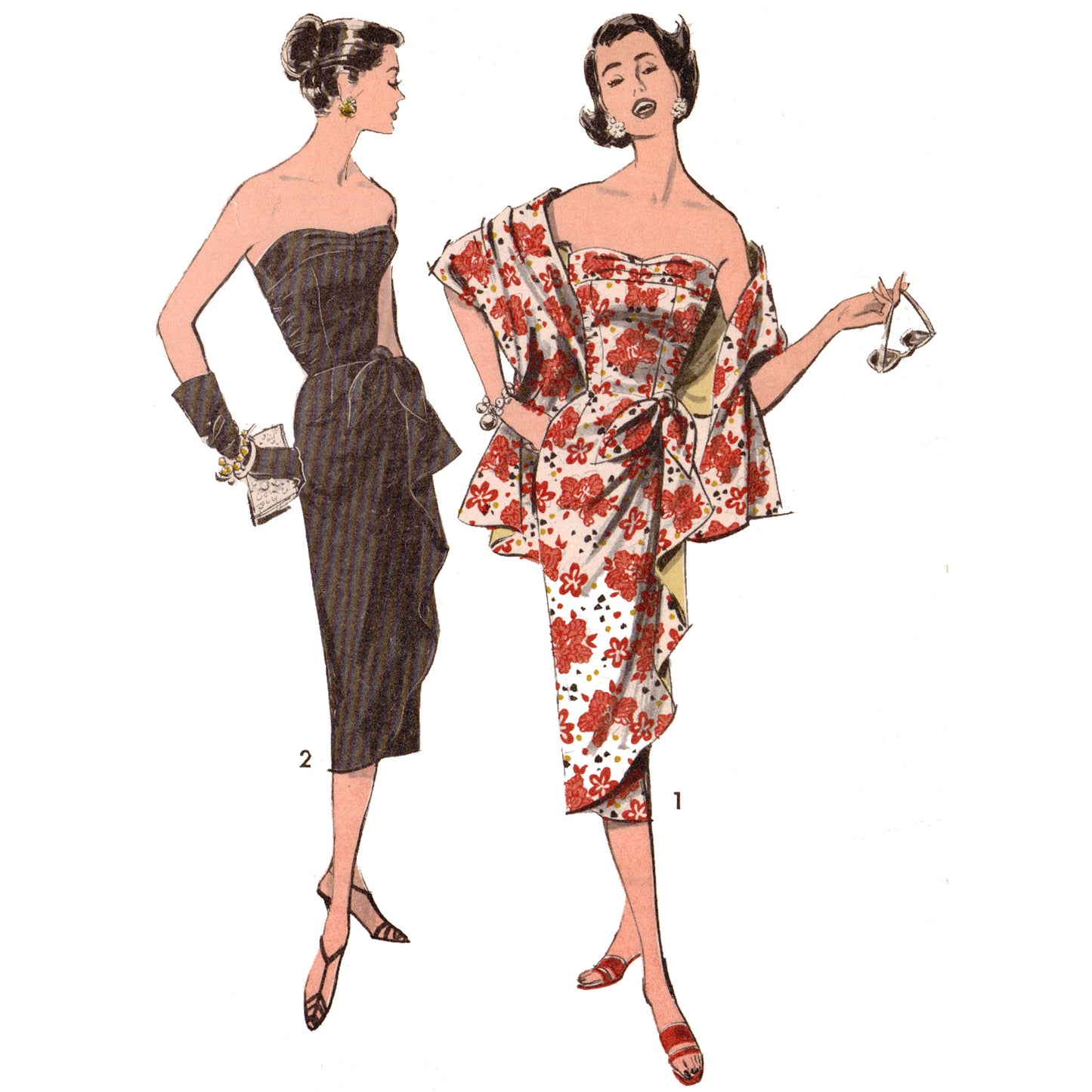 Illustration of two women wearing strapless dresses with accessories on a white background