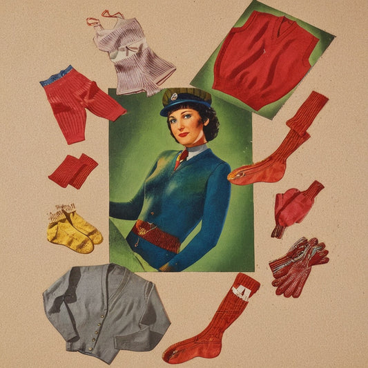 Vintage-style illustration of a woman in uniform with clothing items around her on a textured beige background.
