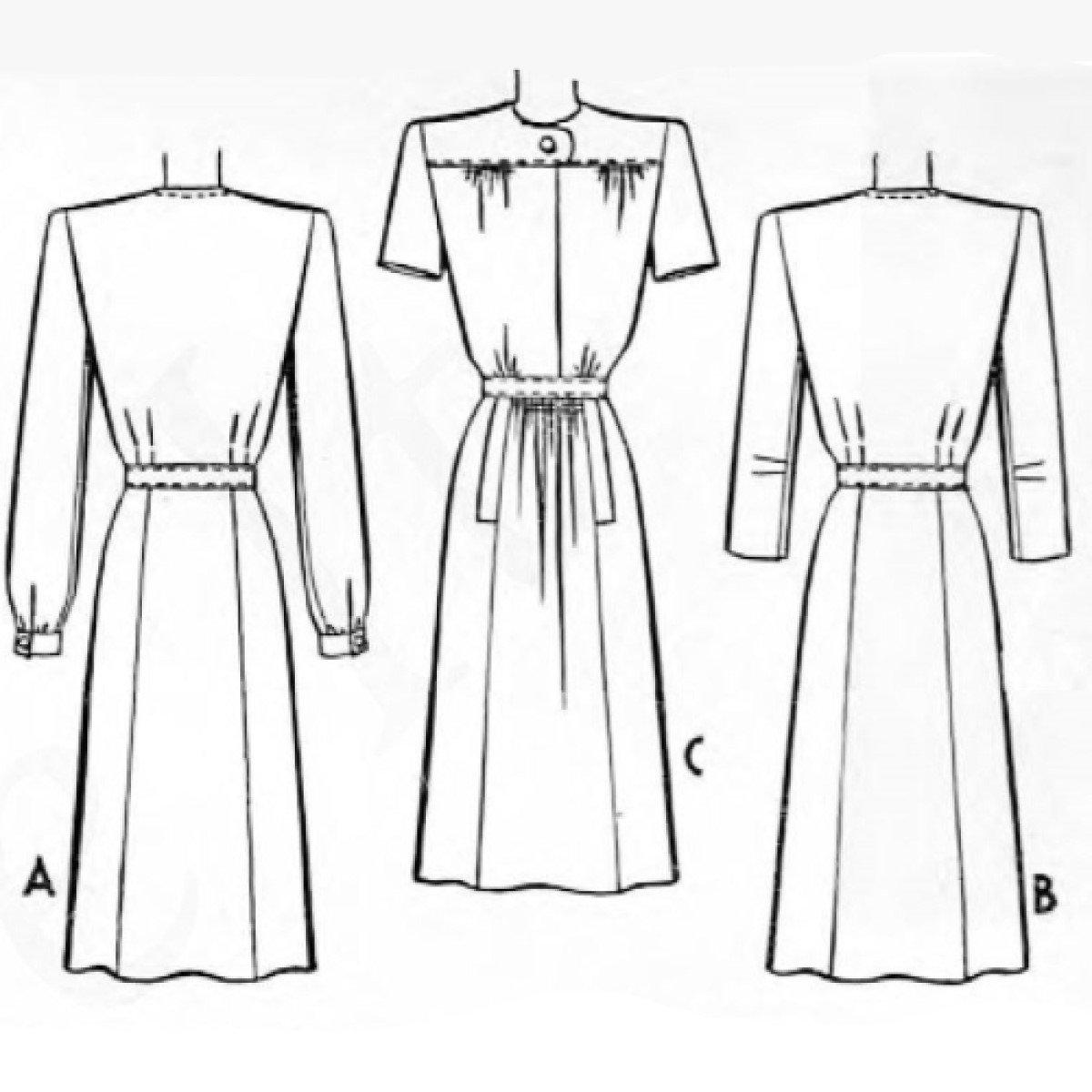 Line drawings of dress with long or short sleeves. Front and back views