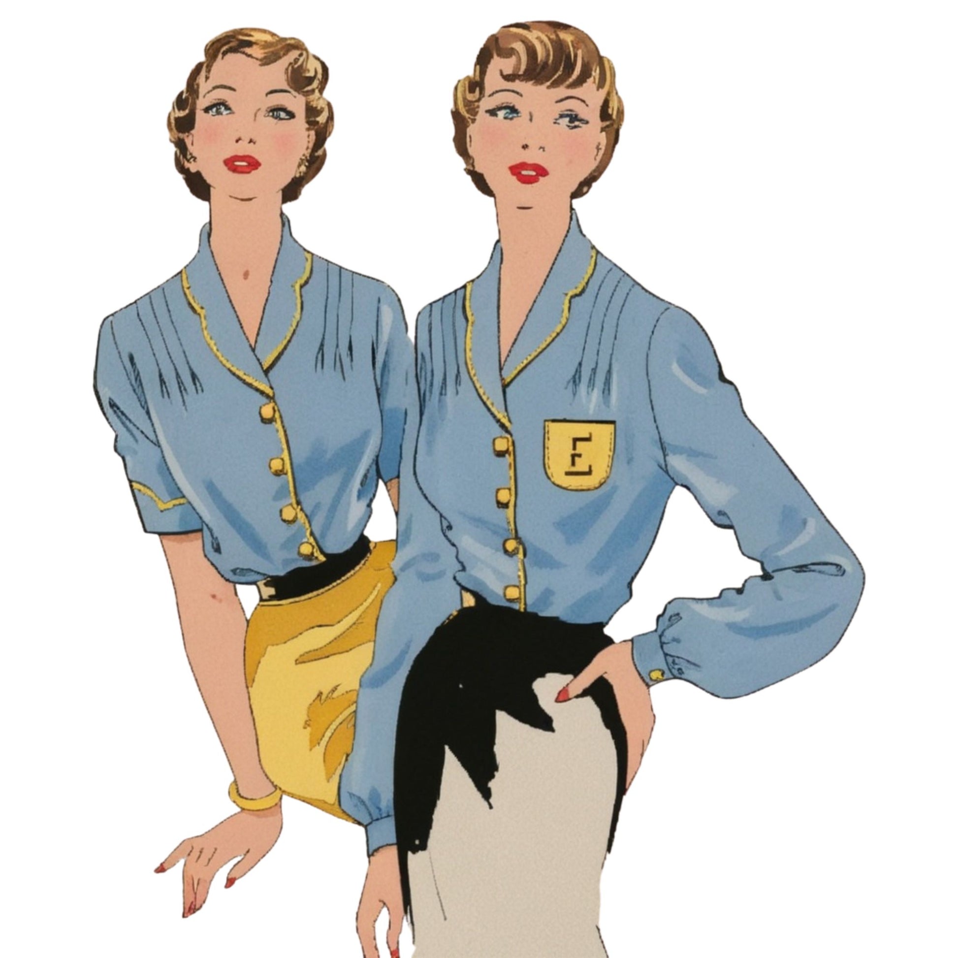 Vintage-style illustration of a woman wearing a blue blouse with a yellow pocket emblem on a white background.
