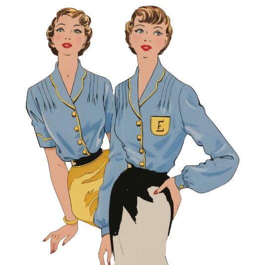 Vintage-style illustration of a woman wearing a blue blouse with a yellow pocket emblem on a white background.
