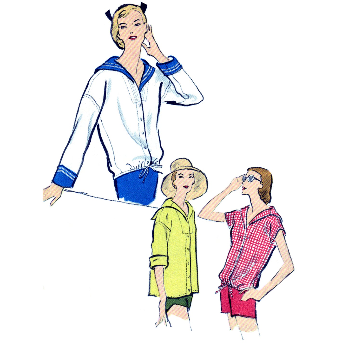 Illustration of three women in vintage beachwear on a white background