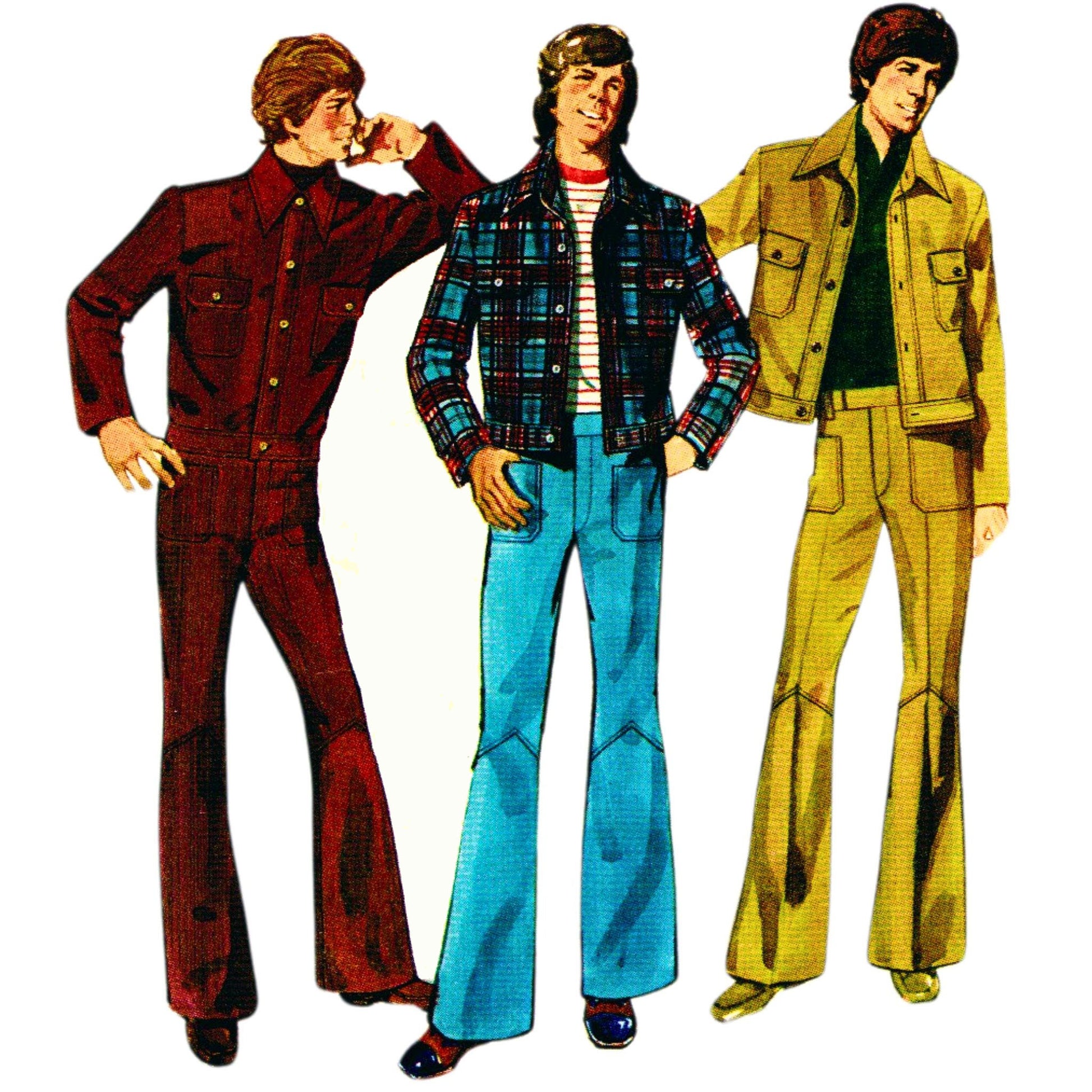 Three men in 1970s fashion with colorful outfits on a white background