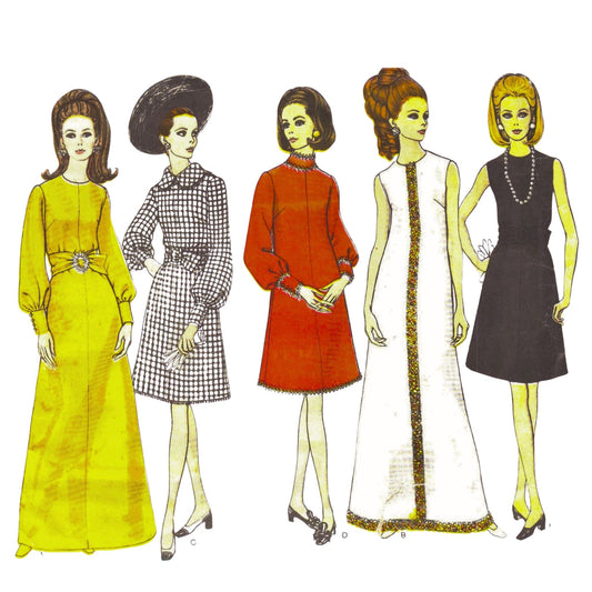 Illustration of five women wearing vintage dresses on a white background