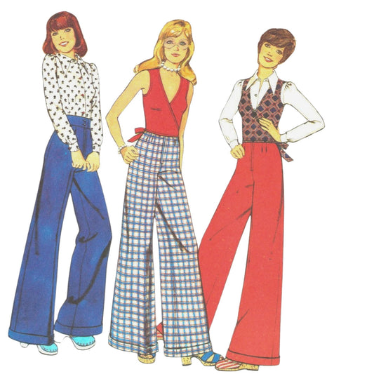 Three women wearing bell-bottom pants from a pattern book, with different colored and patterned outfits.