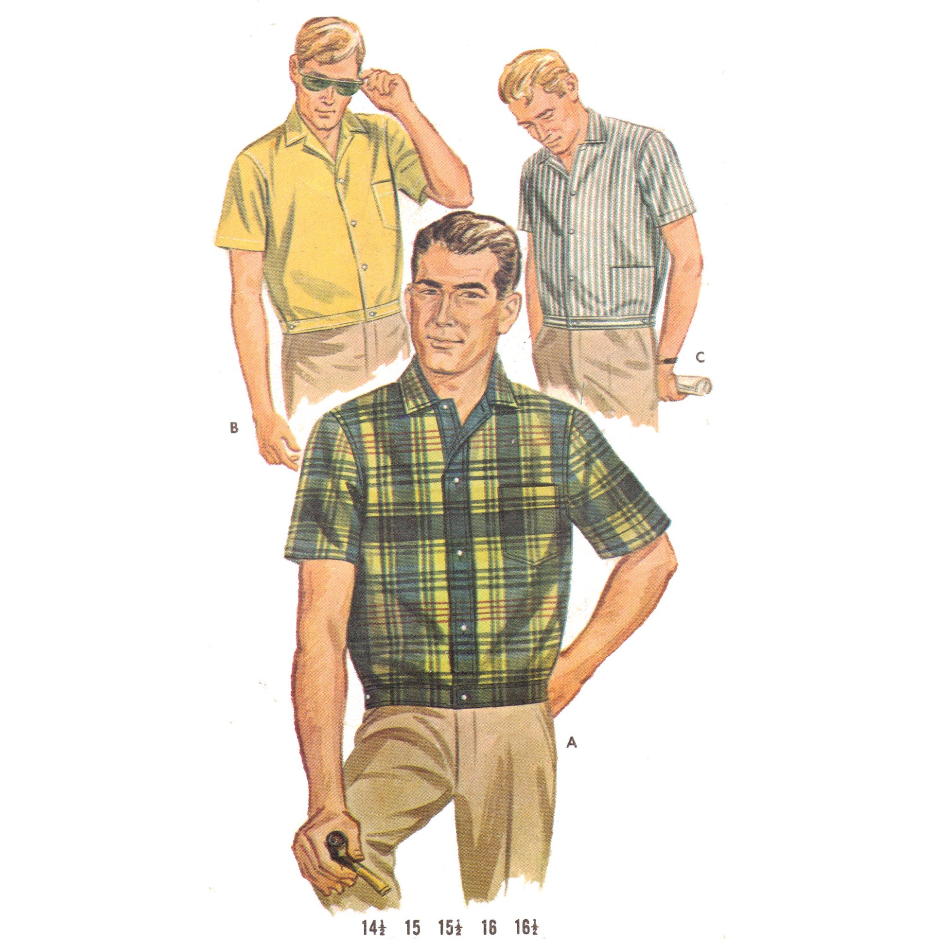 Vintage illustration of a man wearing a plaid shirt with two other men in different shirts and shorts.