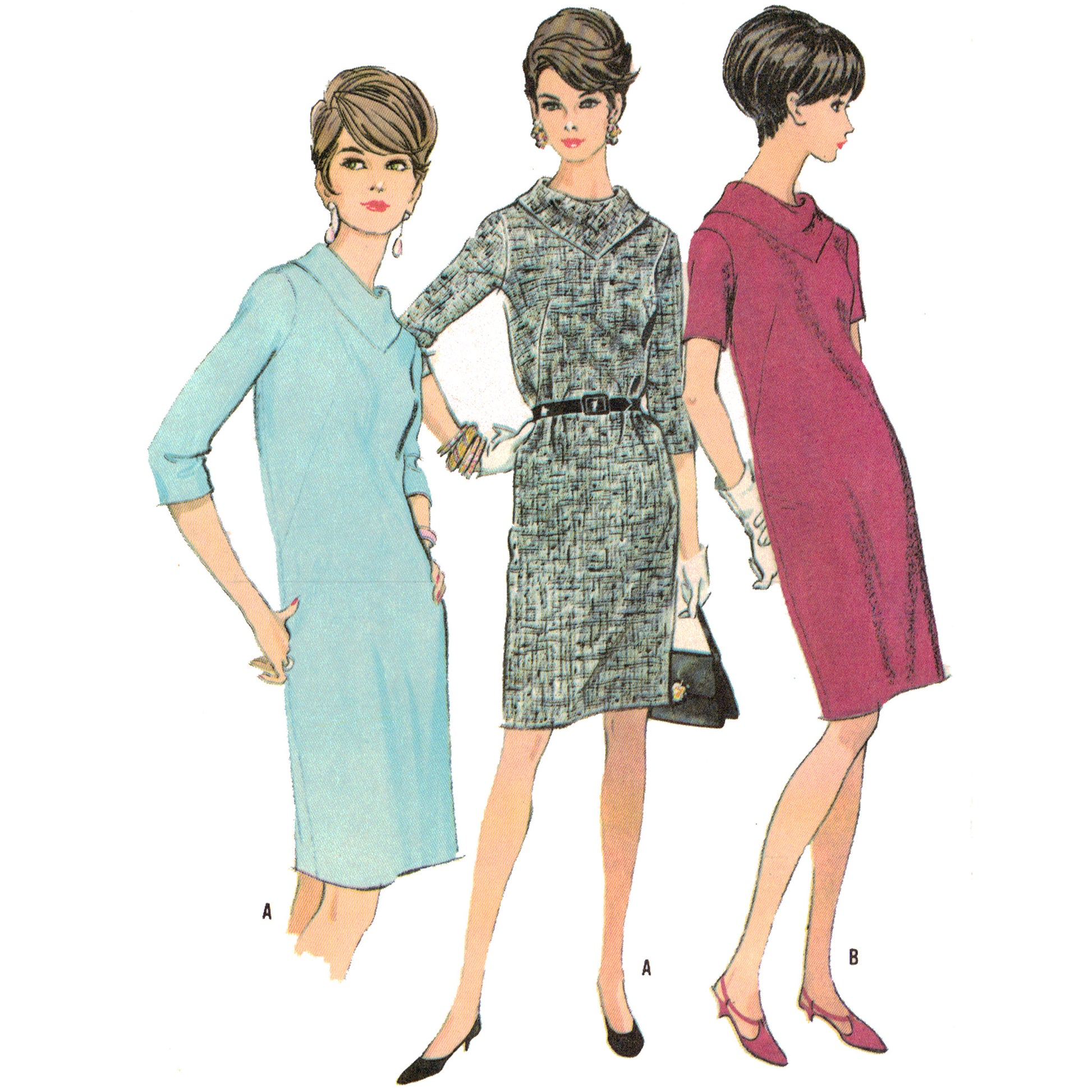 Three vintage-style dresses on a plain background