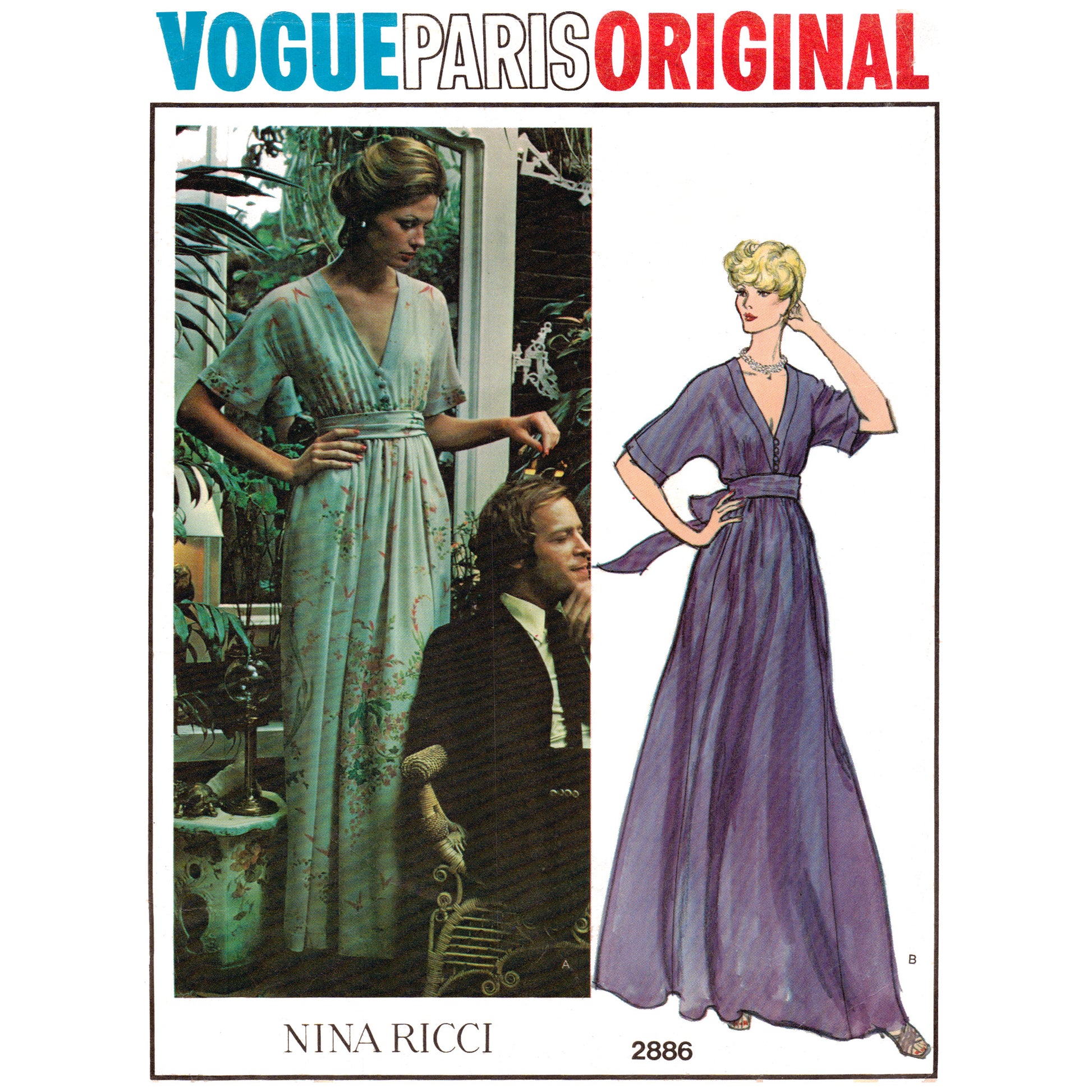 Vogue Paris Original fashion advertisement with two women in dresses, one in a garden setting.