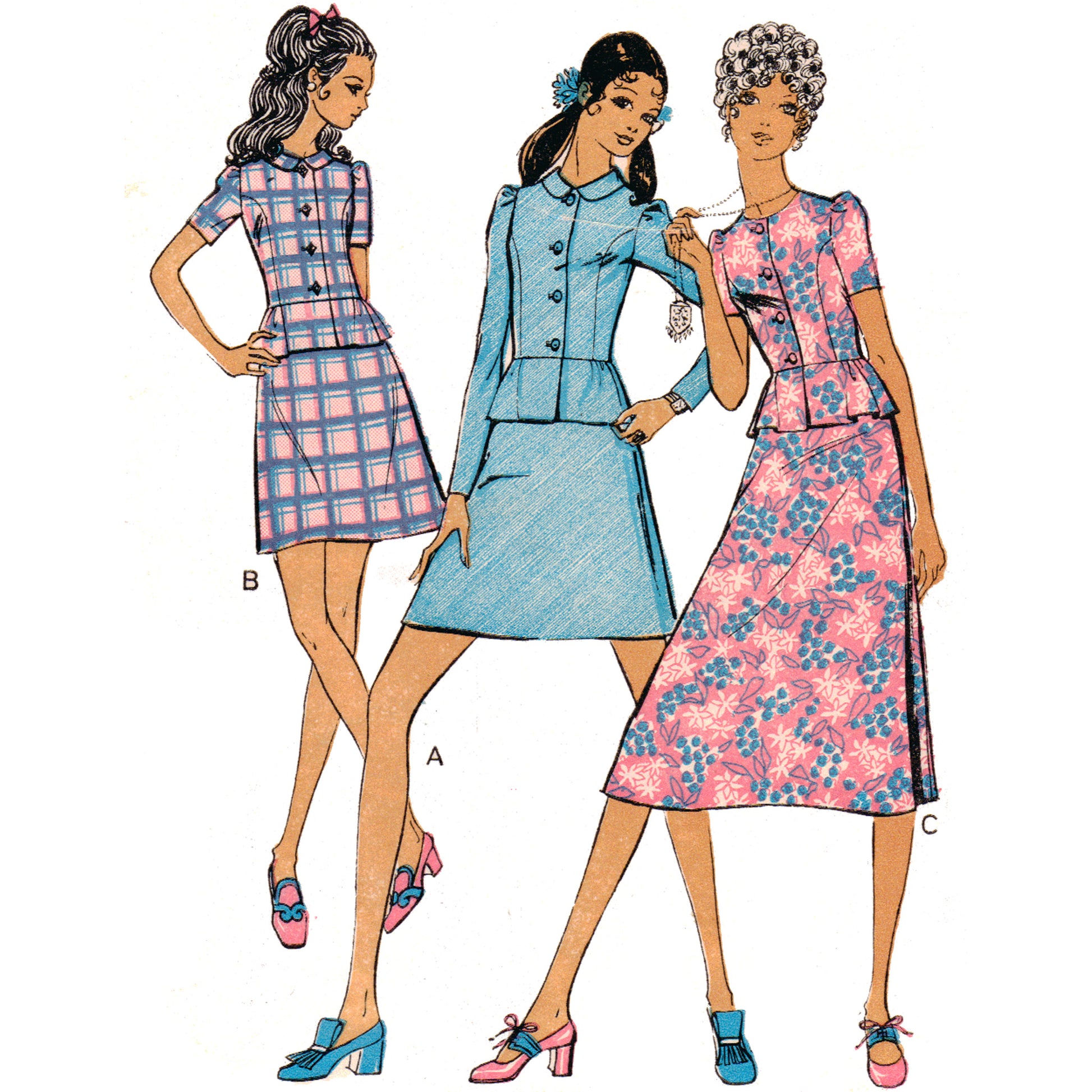 Three women wearing vintage-style outfits with a plain background