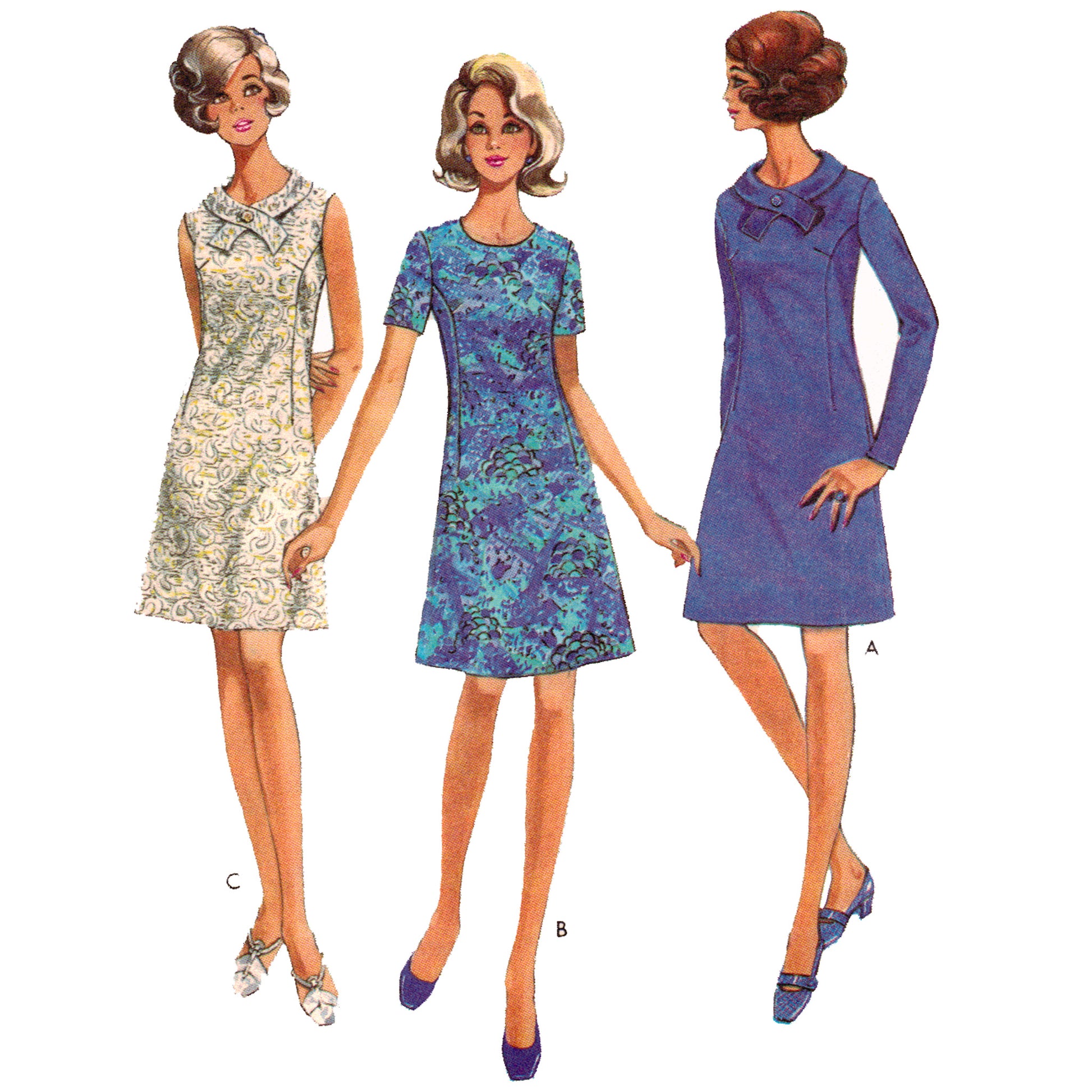 Three vintage-style dresses on a white background