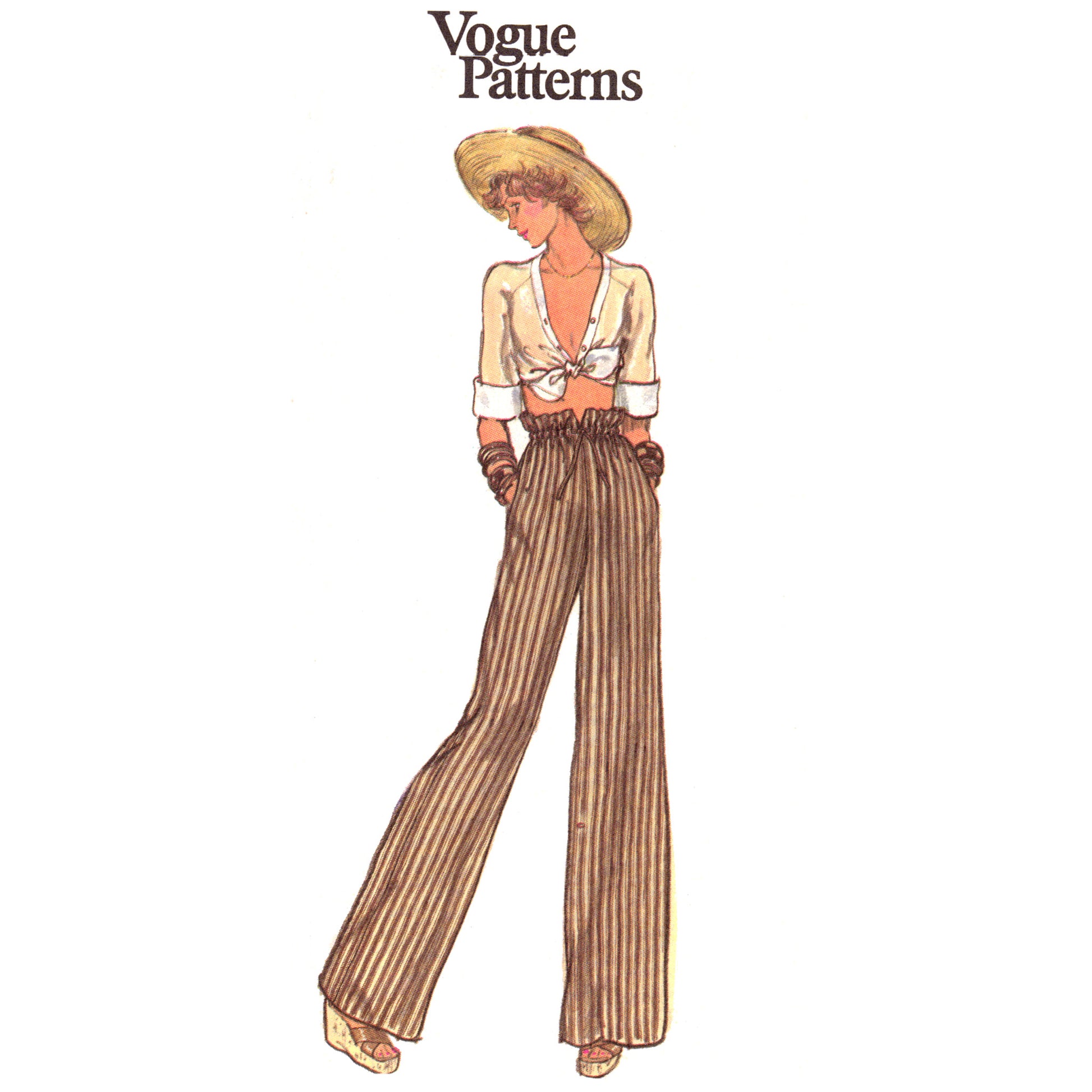 Vogue Patterns advertisement with a woman wearing a white blouse, striped pants, and a hat on a white background.