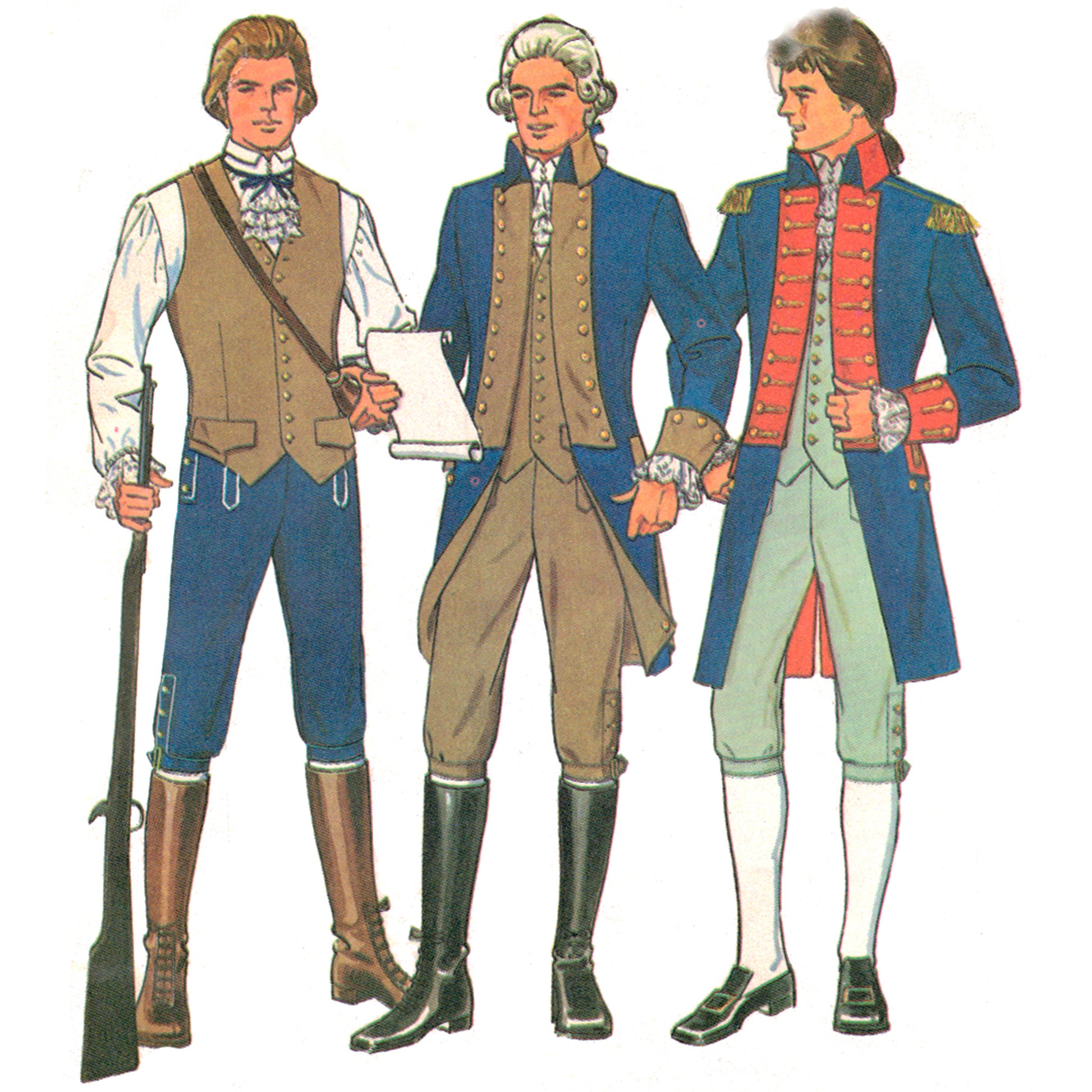 Three men in historical American, holding a rifle and documents.