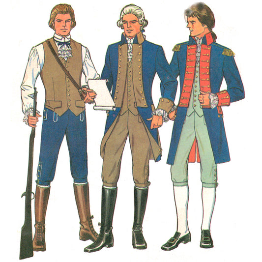 Three men in historical American, holding a rifle and documents.