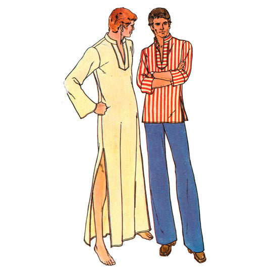 Illustration of a man in a long yellow dress and a woman in a striped shirt and blue pants on a white background.
