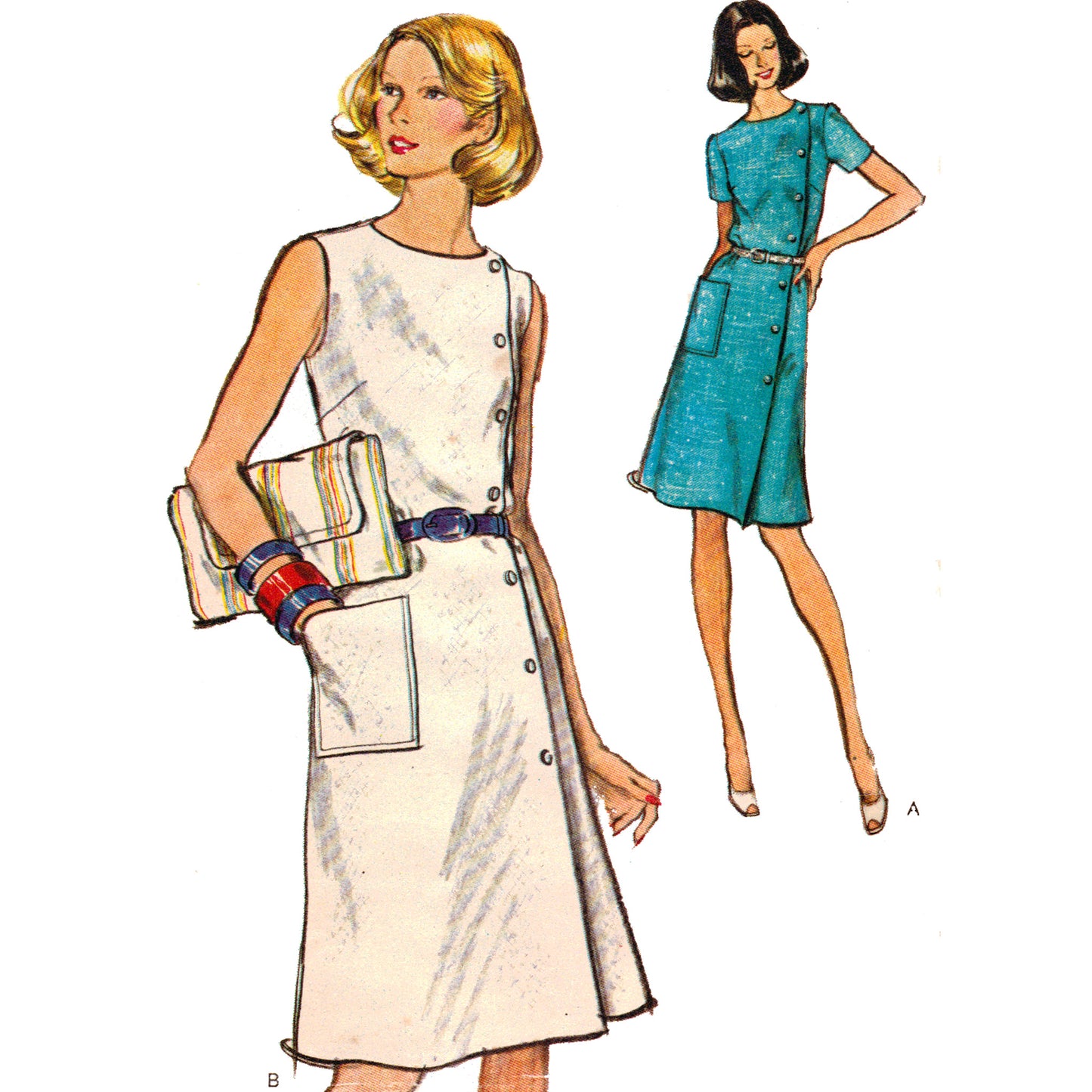 Two women wearing vintage dresses with a white background