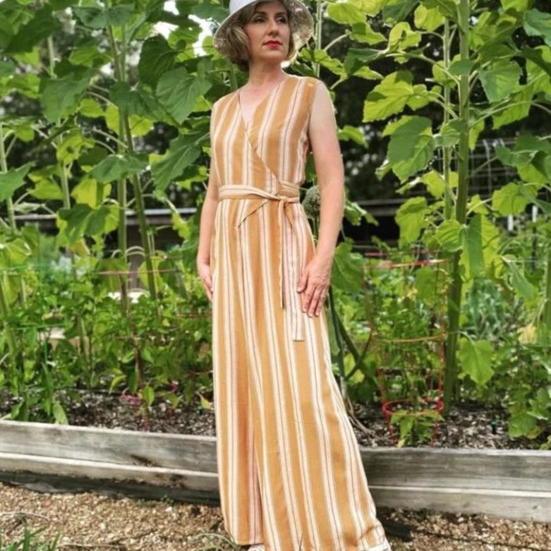 Fair haired woman wearing a 1930s mabs day and Night jumpsuit