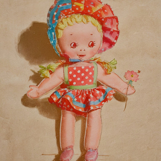 Vintage-style illustration of a doll with a colorful outfit on a beige background