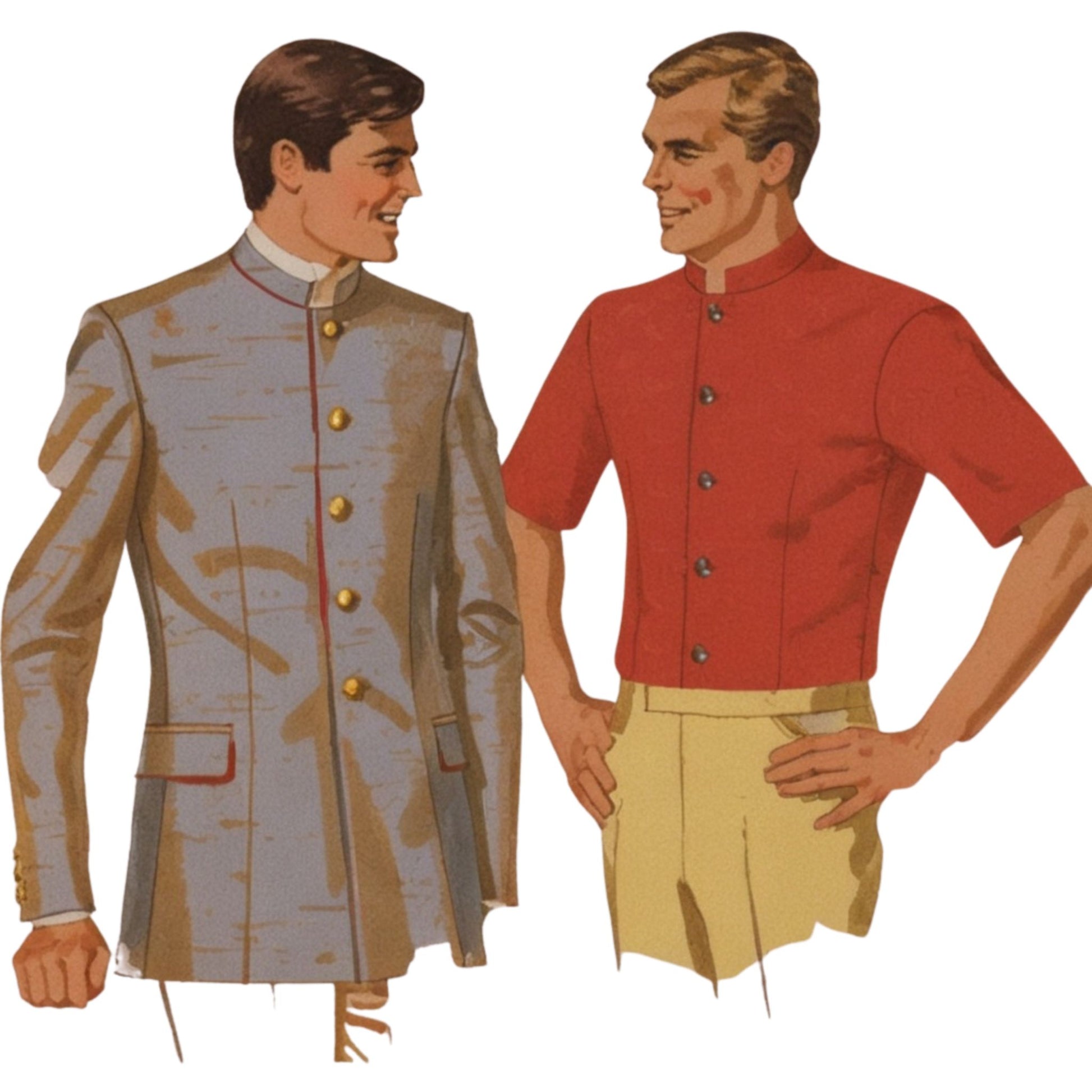 Two men wearing vintage-style clothing on a white background