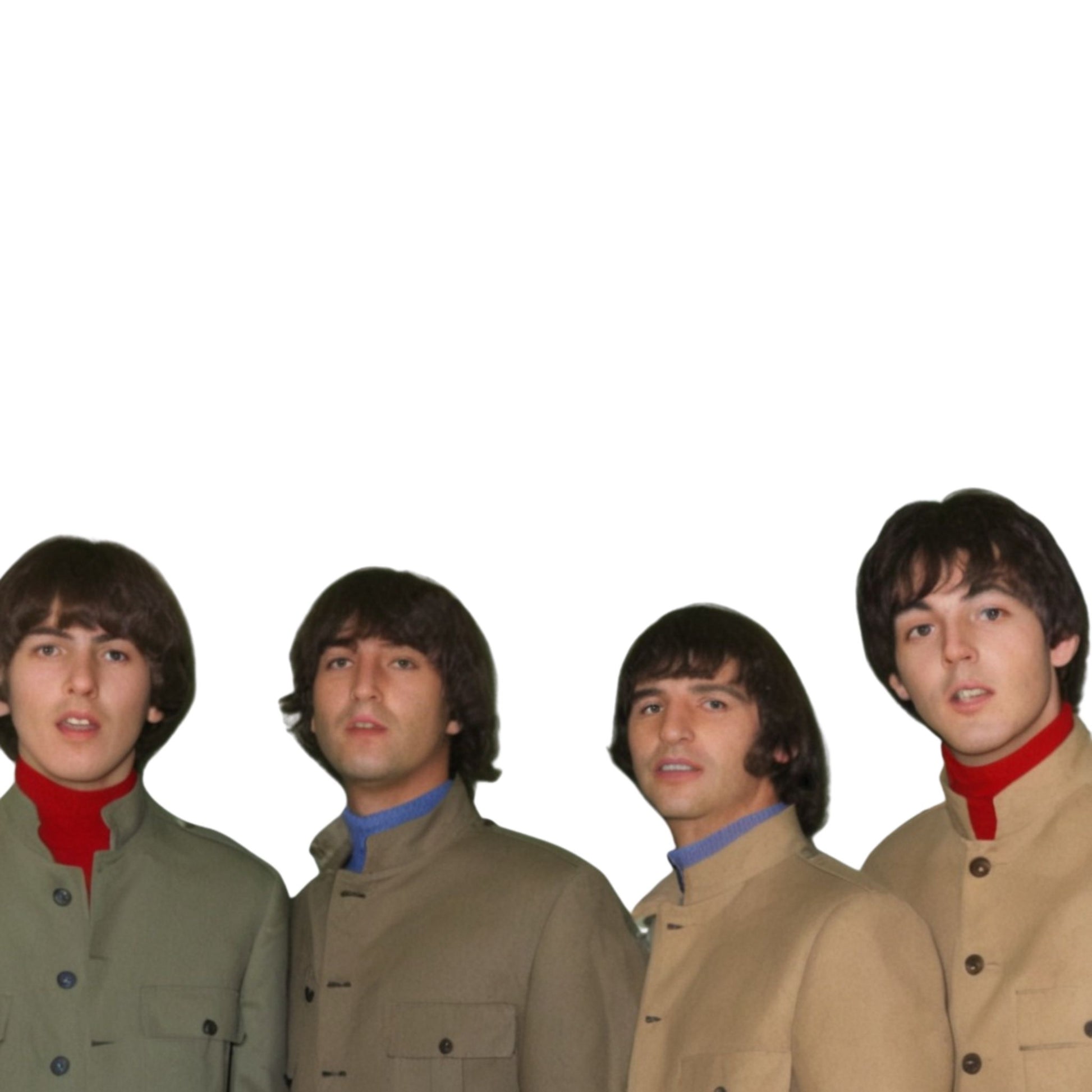 Four men in matching outfits with a plain background