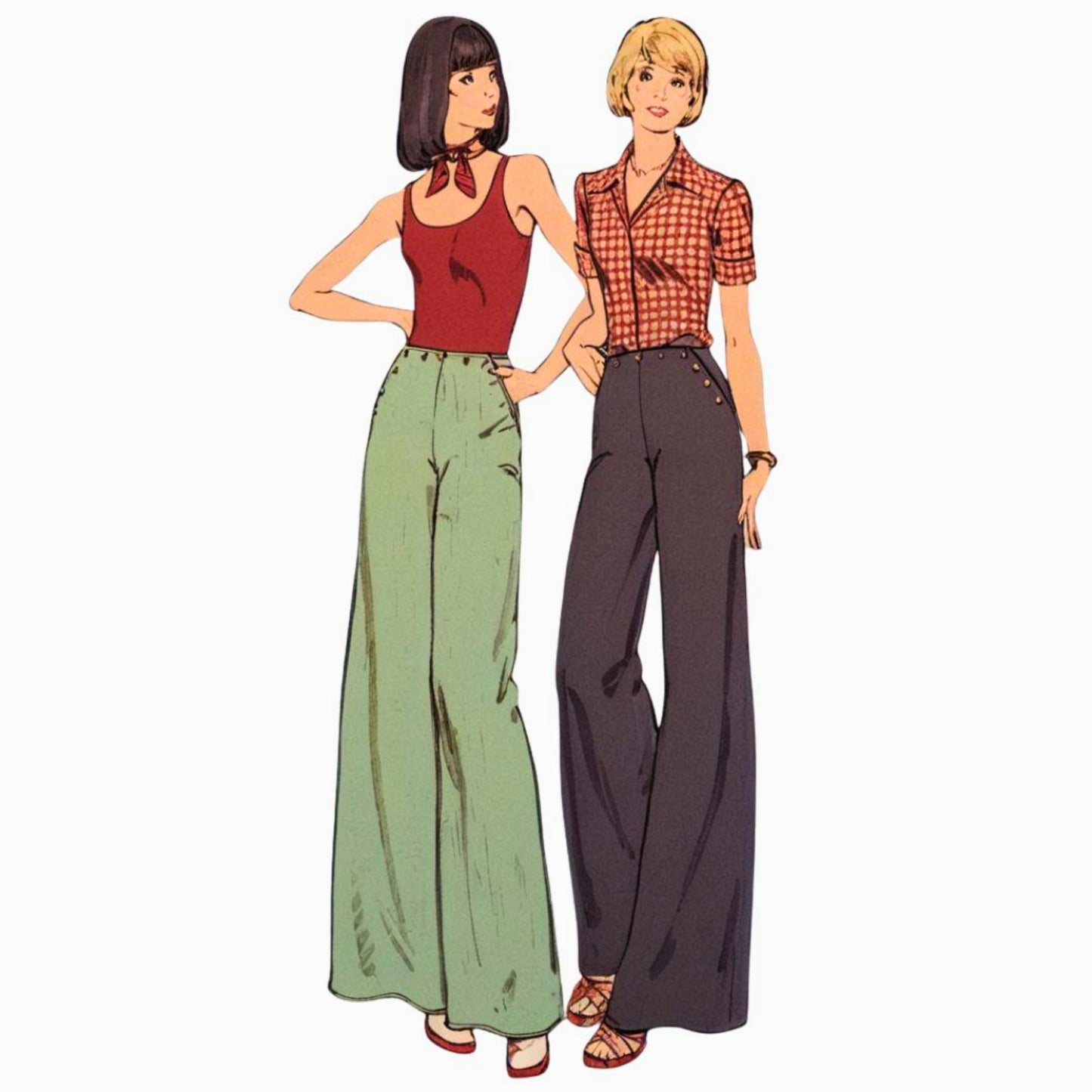 Fashion illustration of women wearing high waisted nautical trousers in 1940s style in white and blue made from Butterick 3752 sewing pattern