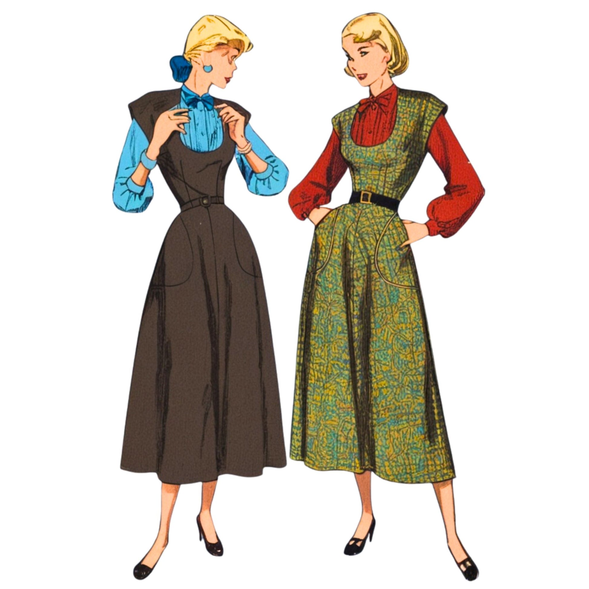 Two vintage-style women wearing dresses with long sleeves and collars on a white background.